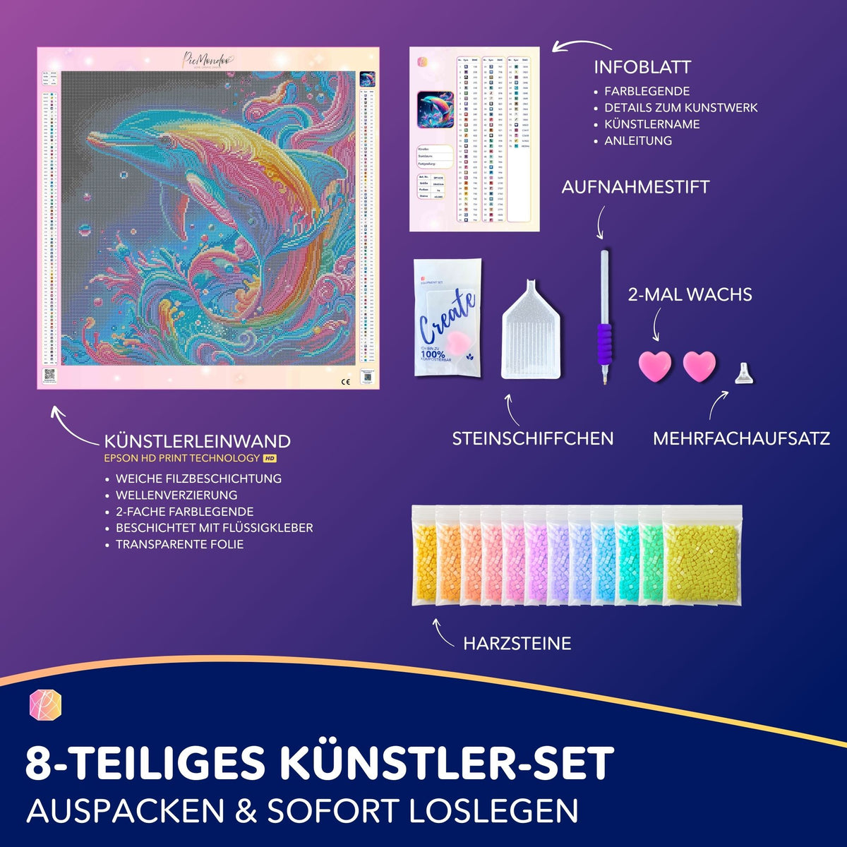 Picmondoo Diamond Painting Set Delfin im Farbenmeer mit Leinwand, bunten Harzsteinen und Zubehör als 8-teiliges Künstler-Set