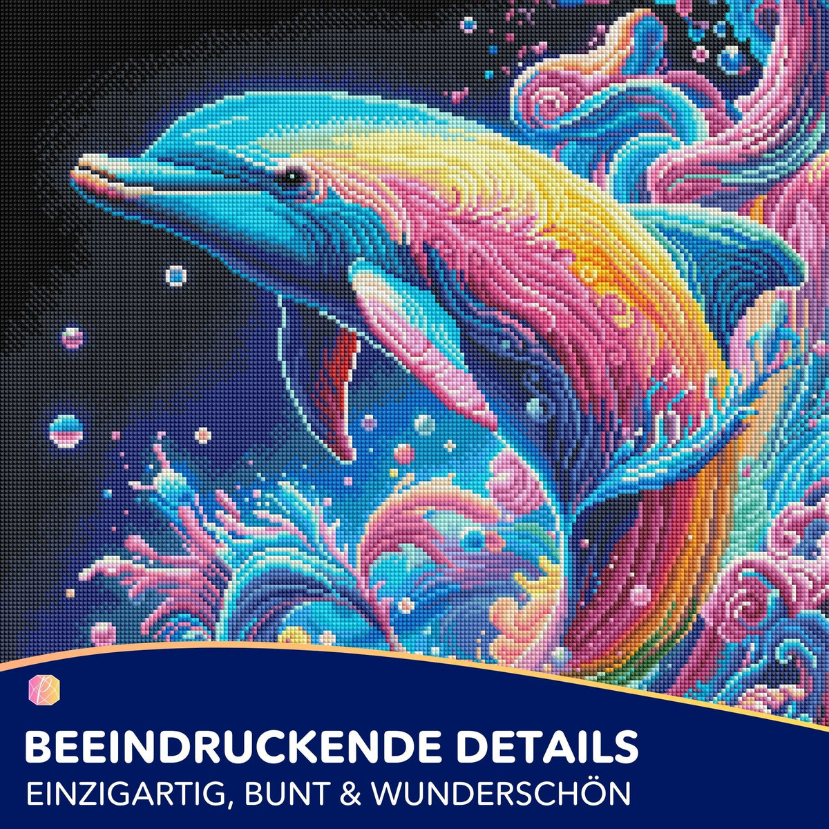 Diamond Painting Delfin im Farbenmeer aus bunten Glitzersteinen als detailreiches DIY-Set für Erwachsene