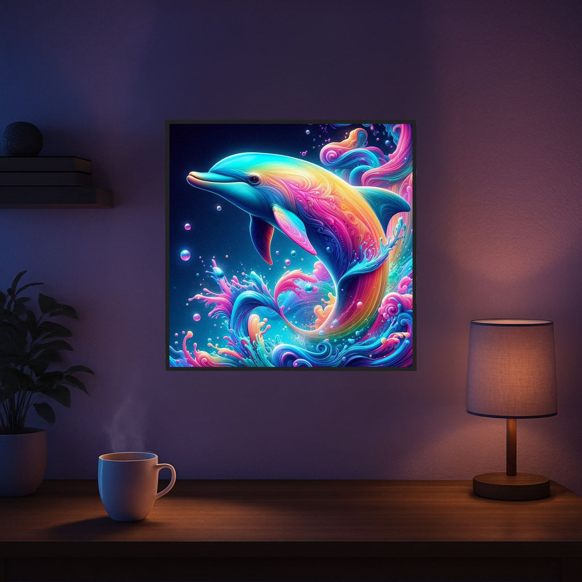 Diamond Painting Set eines bunten Delfins im fantasievollen Farbenmeer mit glitzernden Steinen als Wanddekoration