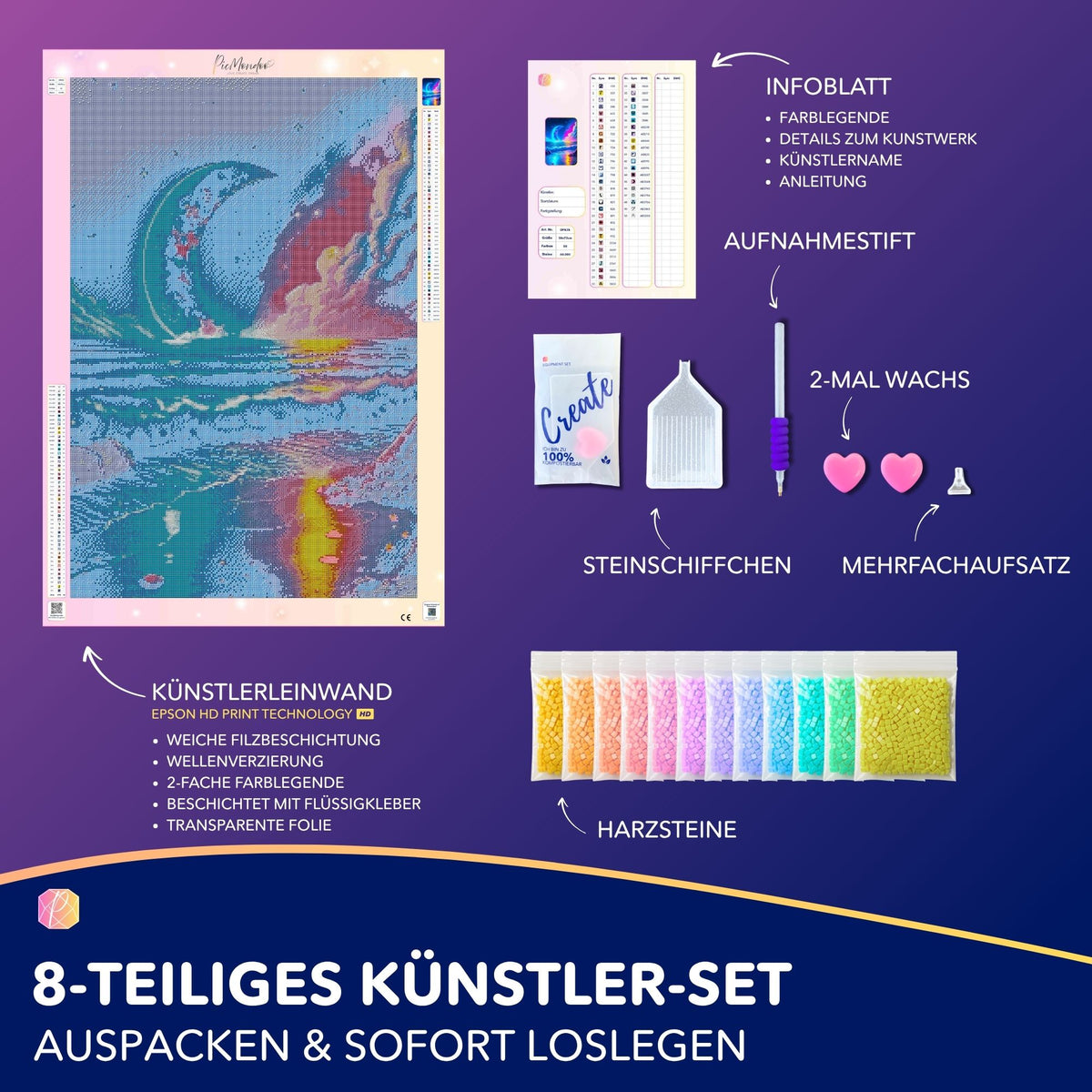 Diamond Painting Set Strand im Mondschein mit AB-Steinen, Leinwand, Werkzeug und farbenfrohen Harzsteinen zur DIY-Gestaltung
