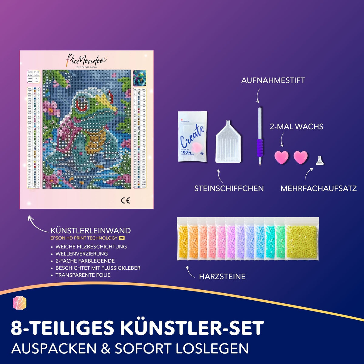 Diamond Painting Set Donatello mit süßer Schildkröte: 20x15cm Leinwand, Zubehör und bunte Steine für DIY-Kunst.