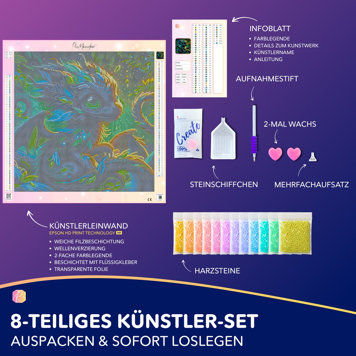Diamond Painting Set Drago kleiner Drache mit 50x50cm Leinwand, bunten Harzsteinen und Zubehör für DIY Kunstprojekte.