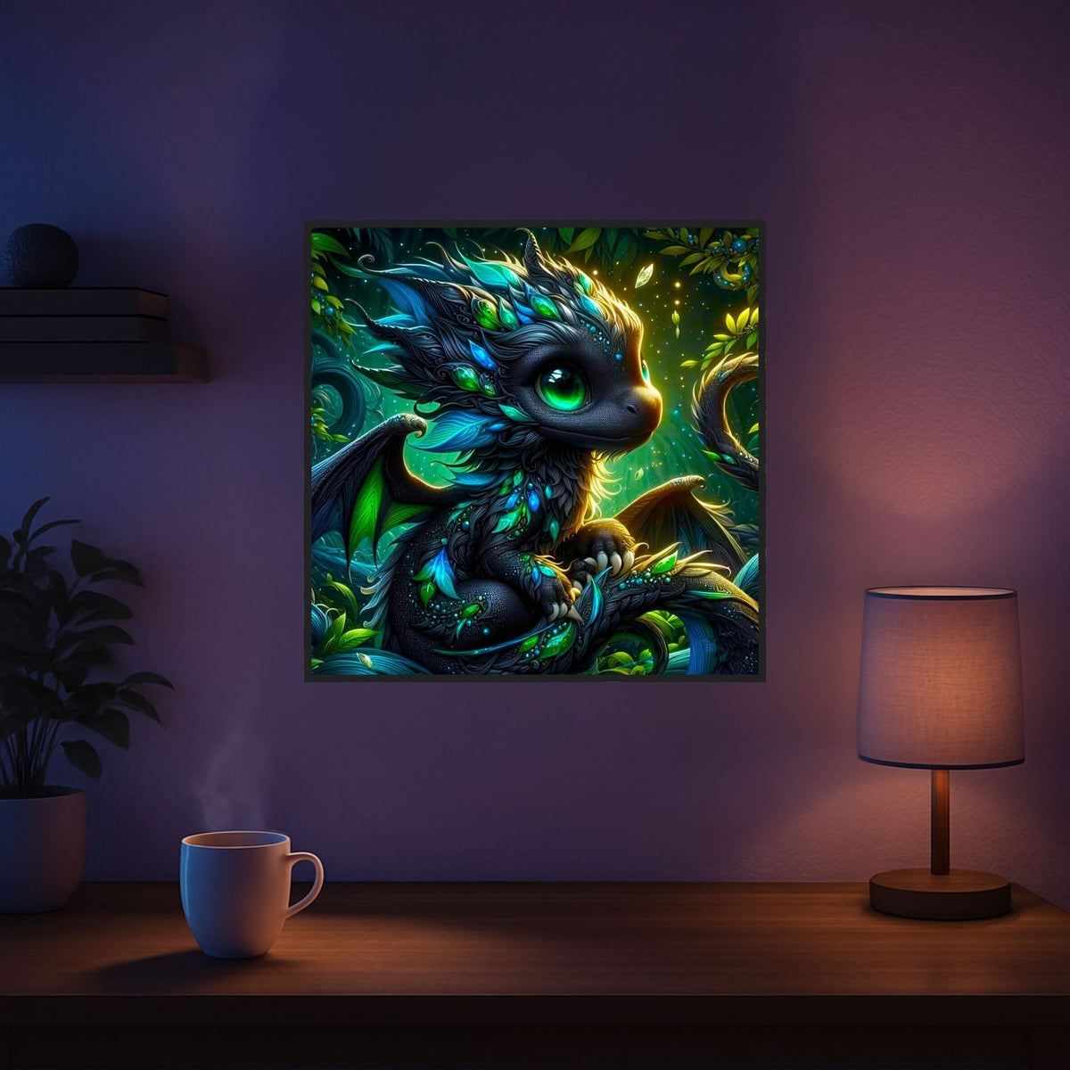 Diamond Painting Set Drago kleiner Drache mit glitzernden AB-Steinen und grünen Augen im Fantasy-Design an der Wand.