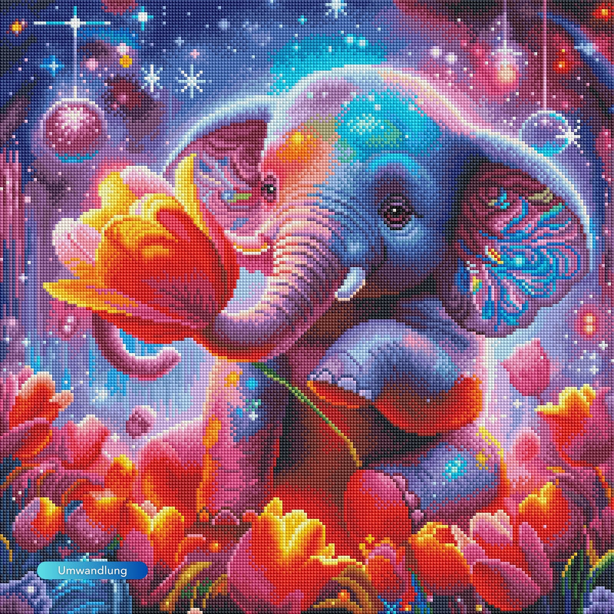 Diamond Painting Set Babyelefant umgeben von bunten Tulpen und magischem Sternenhimmel in glitzernder Optik
