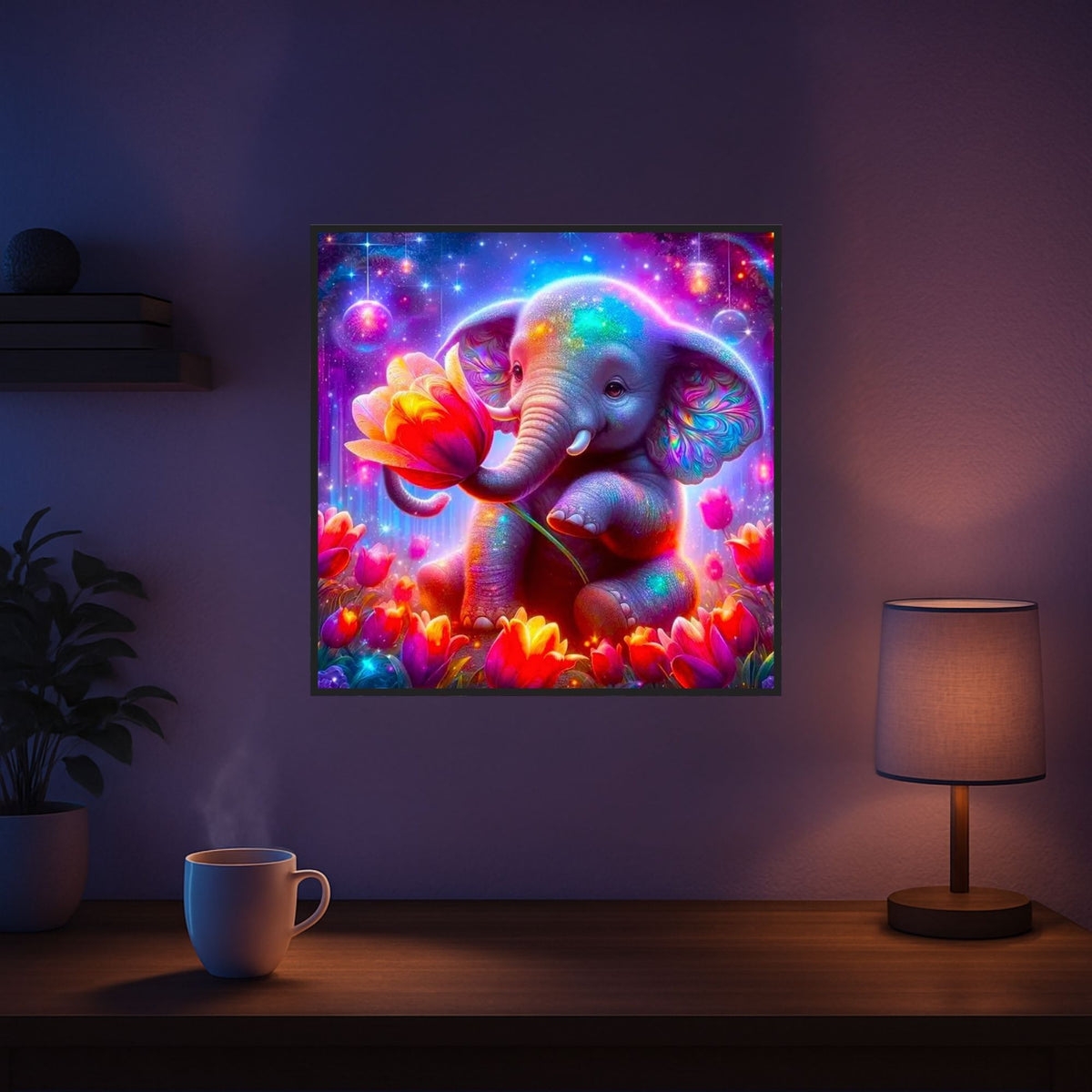 Diamond Painting Elefantenmädchen mit bunten Tulpen als glitzerndes DIY-Kunstwerk für Erwachsene