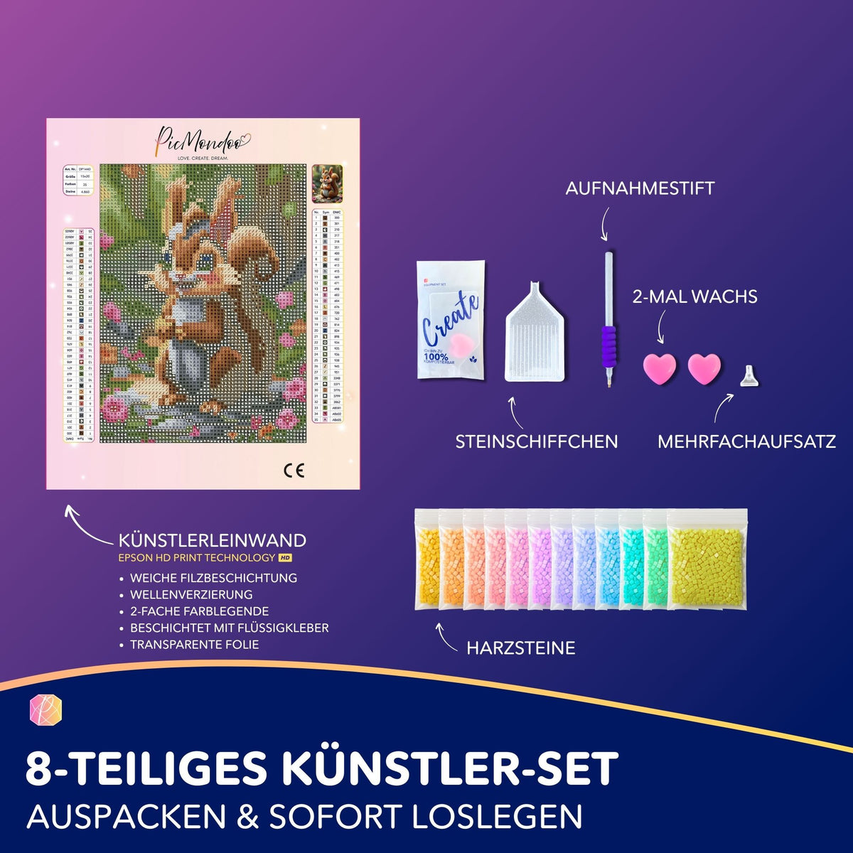 Diamond Painting Set Elvis Eichhörnchen mit bunter Leinwand, Zubehör, Schiffchen und hochwertigen Harzsteinen im Set