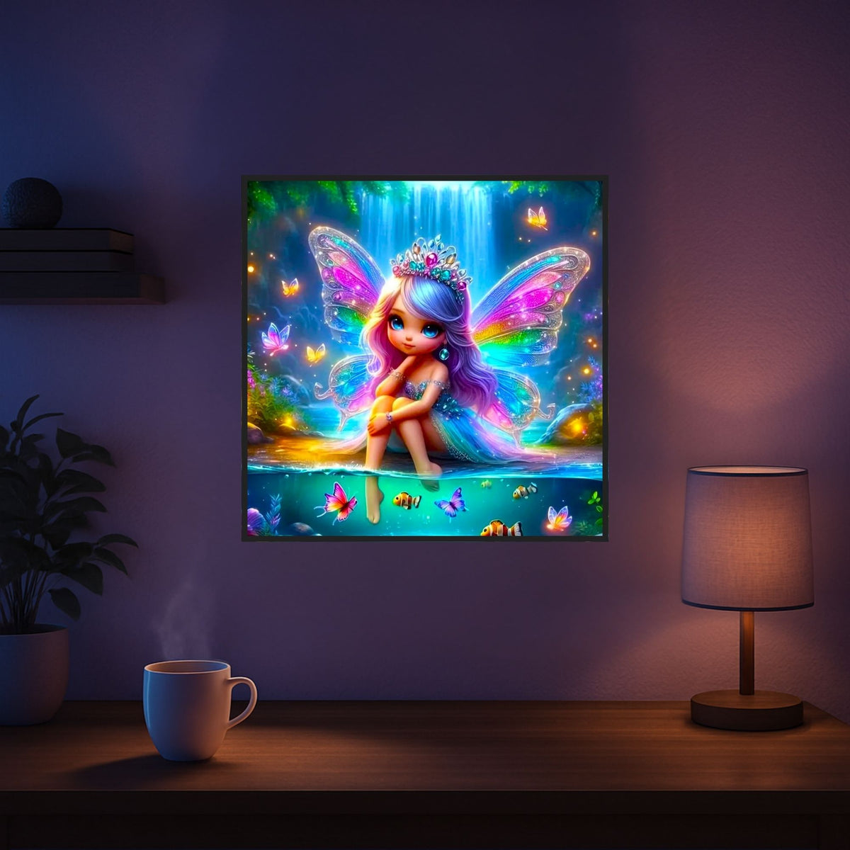 Diamond Painting Set Elfe am Teich mit bunten Schmetterlingen und glitzernden Strasssteinen als Fantasy Wanddekoration