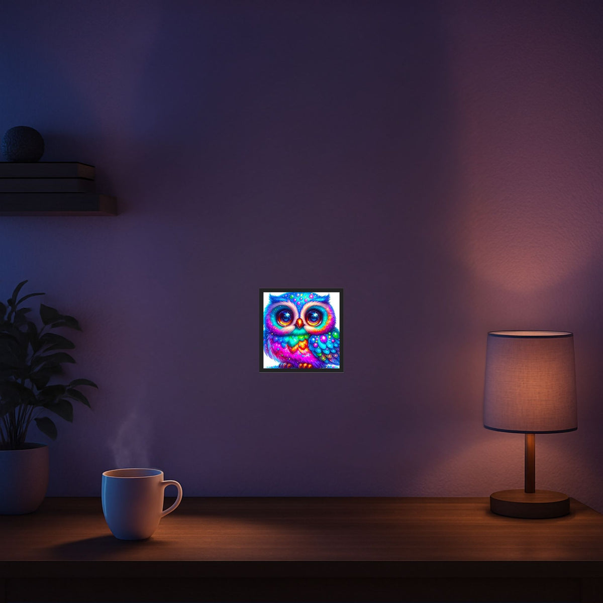 Buntes Diamond Painting Mini Set Eule Elly mit glitzernden Steinchen in einem gemütlichen Zimmer an der Wand