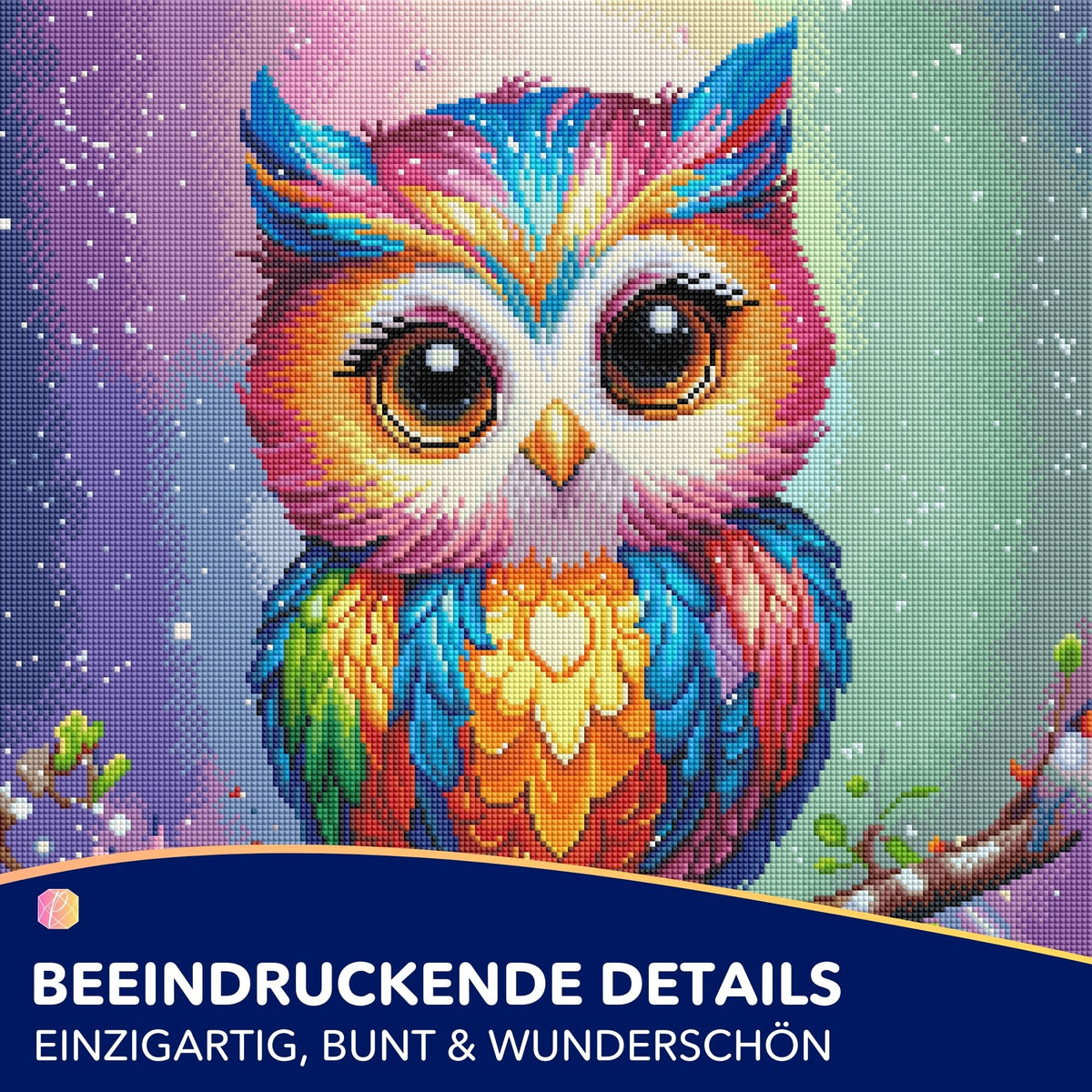 Diamond Painting Set Eule Fridolin mit bunten Glitzersteinen und Fantasy-Design für ein lebendiges DIY-Kunstwerk.