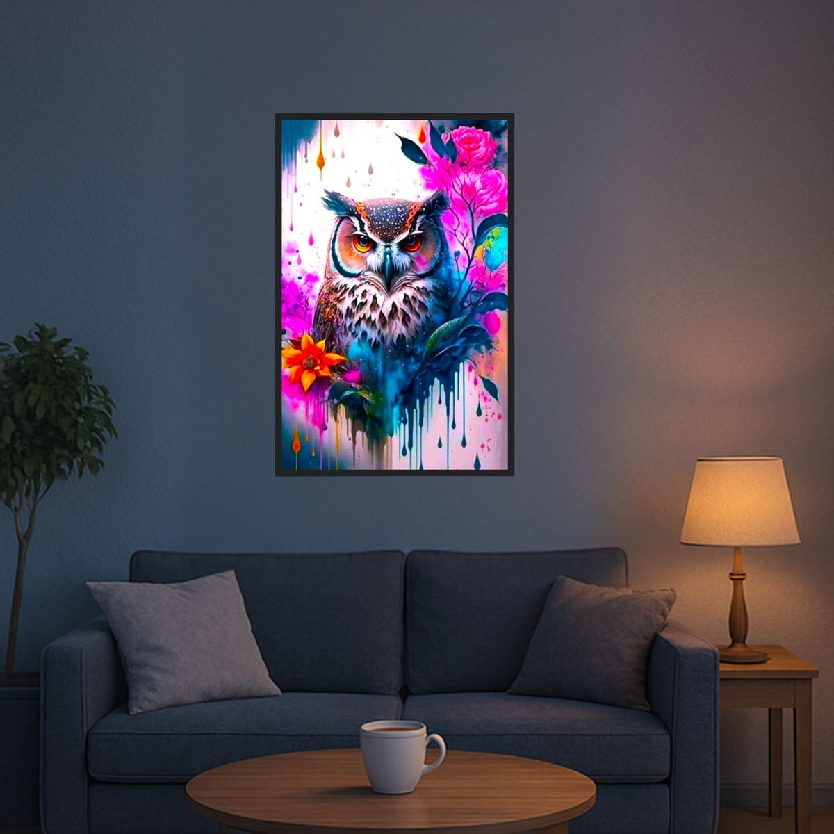 Diamond Painting Set mit bunter Eule und Blumen-Motiv in lebendigen Farben als Wandbild im modern eingerichteten Wohnzimmer.