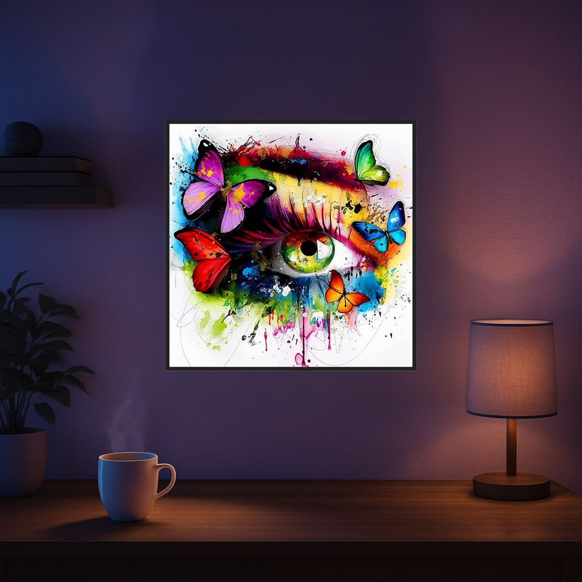 Fertiges Diamond Painting Multi Special mit buntem Auge und Schmetterlingen im Aquarell-Stil an einer Wand