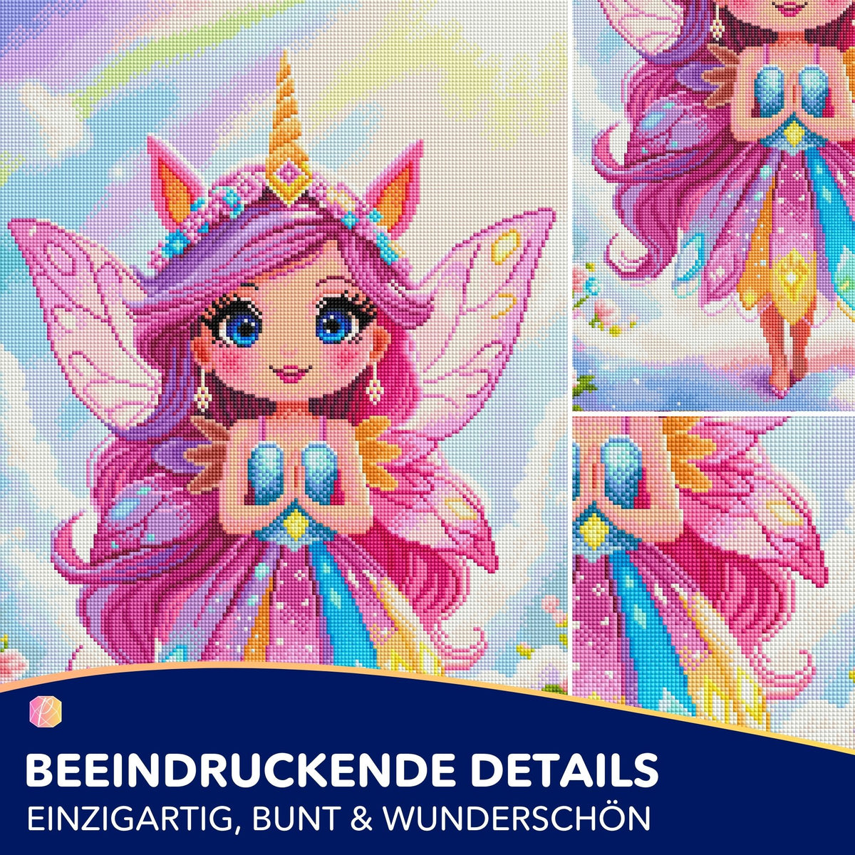 Diamond Painting Set mit buntem Fantasy-Motiv einer Fee als Einhorn im Wolkenreich mit glitzernden eckigen Steinen