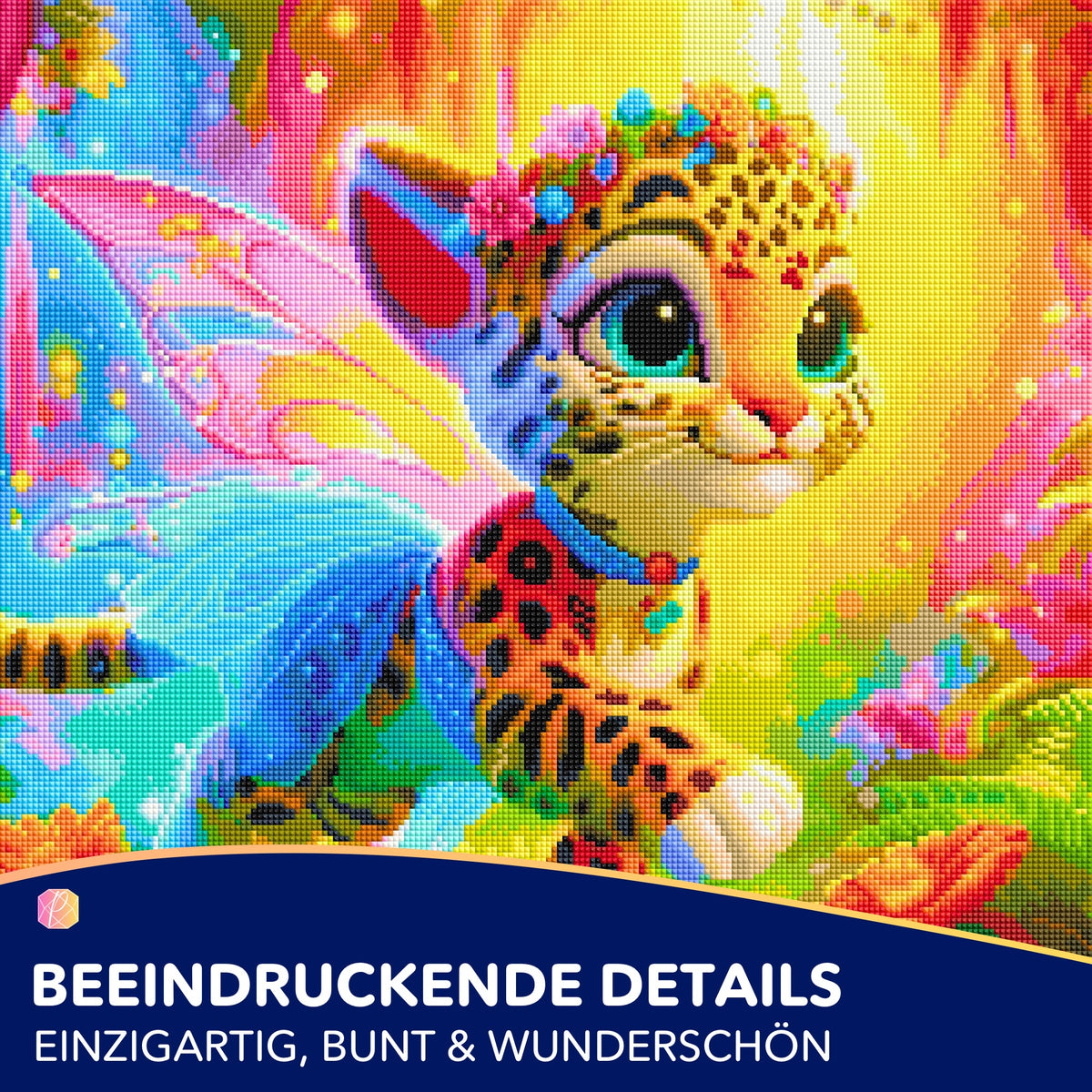 Buntes Diamond Painting Set Finja die kleine Tigerfee mit Feenflügeln, gestaltet aus glitzernden Diamanten.
