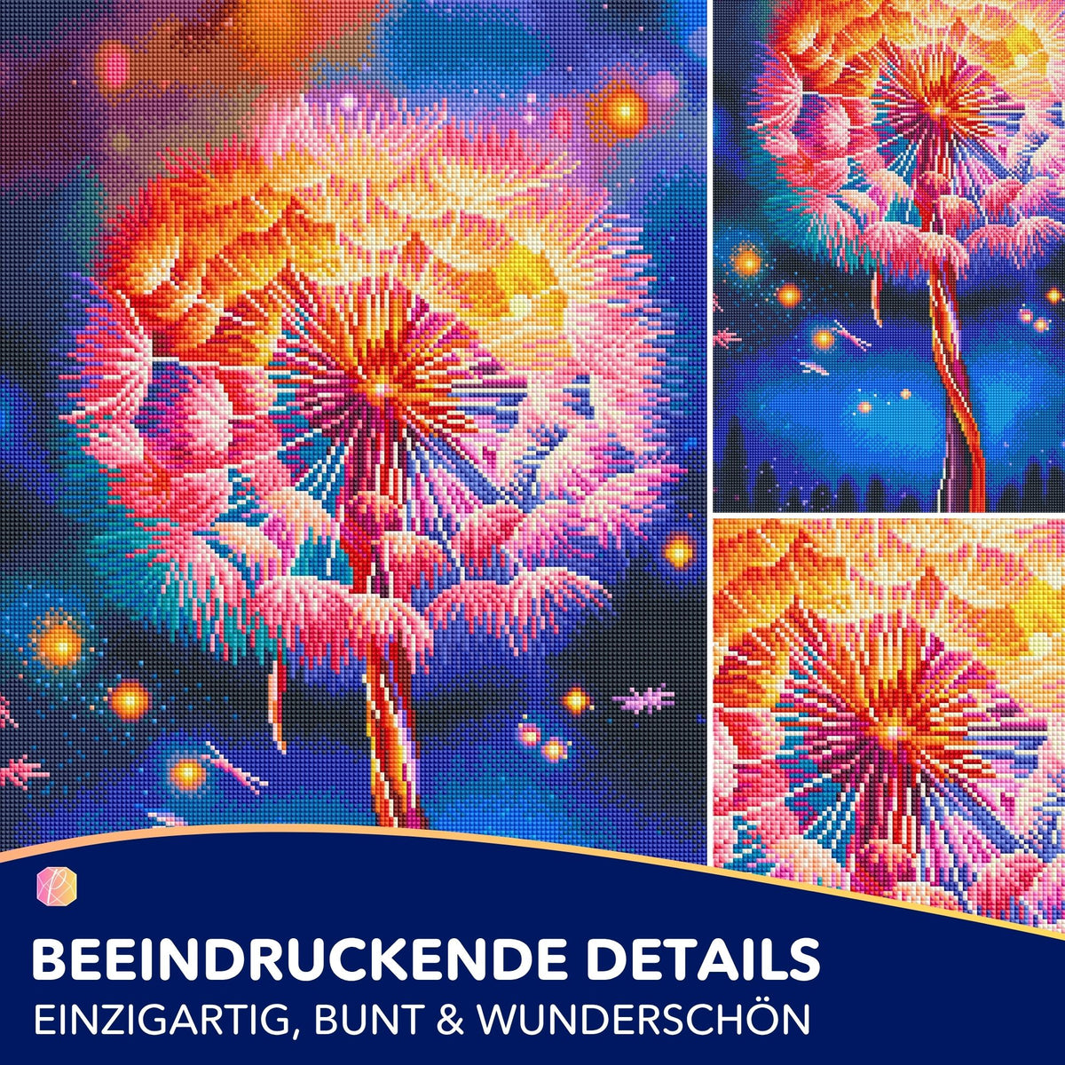Diamond Painting Set Fly away by Night mit bunter Pusteblume, glitzernden Details und sternenklarem Nachthimmel-Motiv.