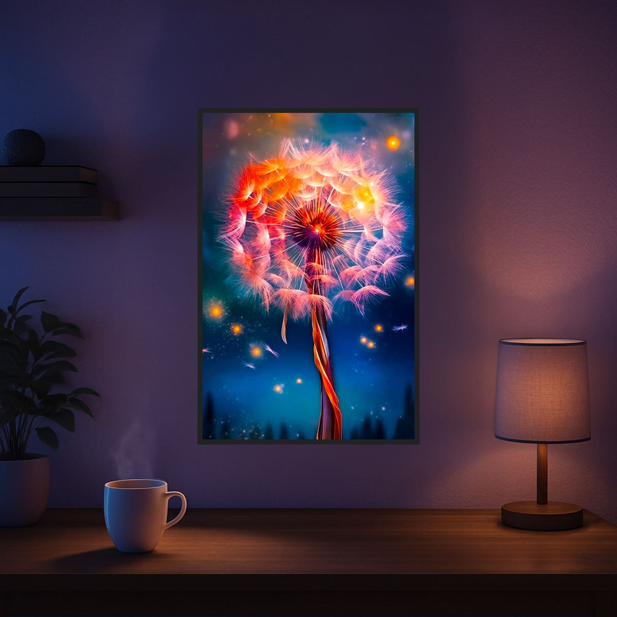 Diamond Painting Set 'Fly away by Night': Bunte Pusteblume mit leuchtenden Farben und Sternenhimmel als fertiges Wandbild.