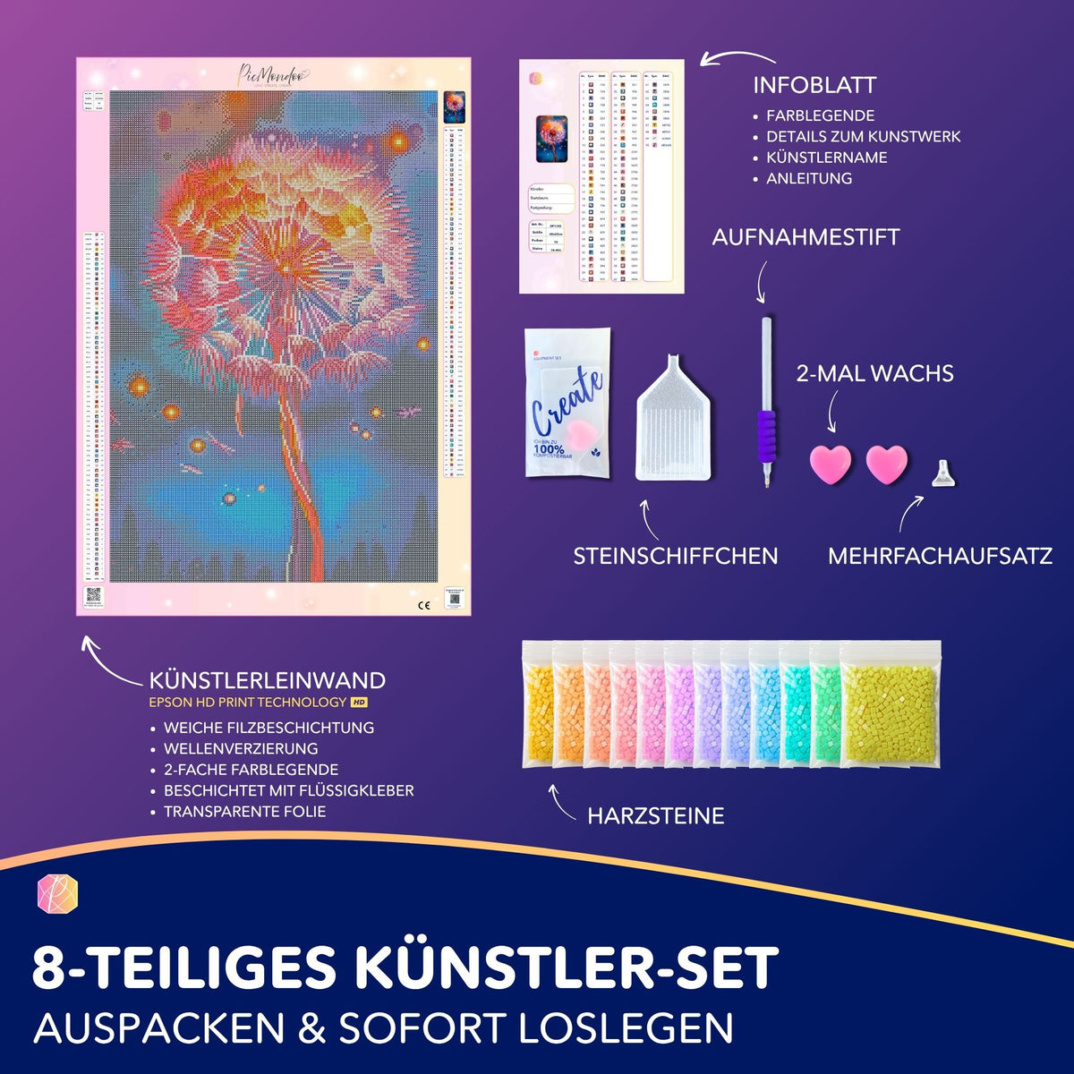 Diamond Painting Set Fly away by Night mit Pusteblume, glitzernden Harzsteinen und komplettem Zubehör zum Basteln.