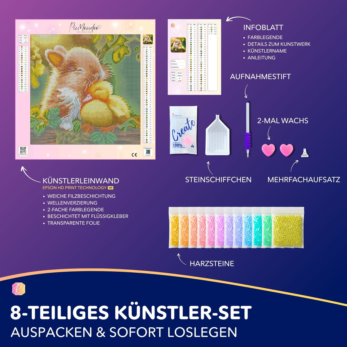 Diamond Painting Set Friendship mit Hase und Küken, inklusive Leinwand, Steinchen und Werkzeug für kreatives DIY