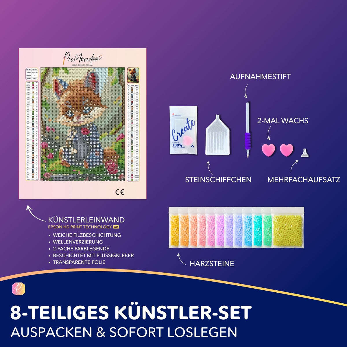 Diamond Painting Set Fuchs Kasper mit Leinwand, bunten Harzsteinen und Zubehör für DIY Kunstwerke.
