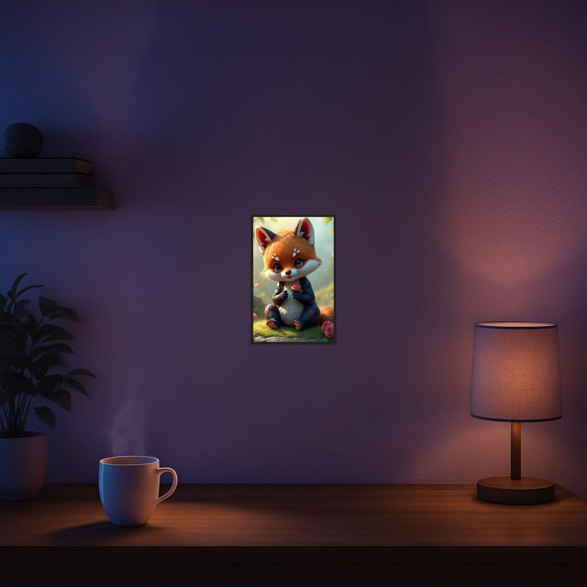 Diamond Painting Set Fuchs Kasper: Süßer Fuchs mit Blumen als schimmerndes DIY-Kunstwerk im gemütlichen Wohnraum.