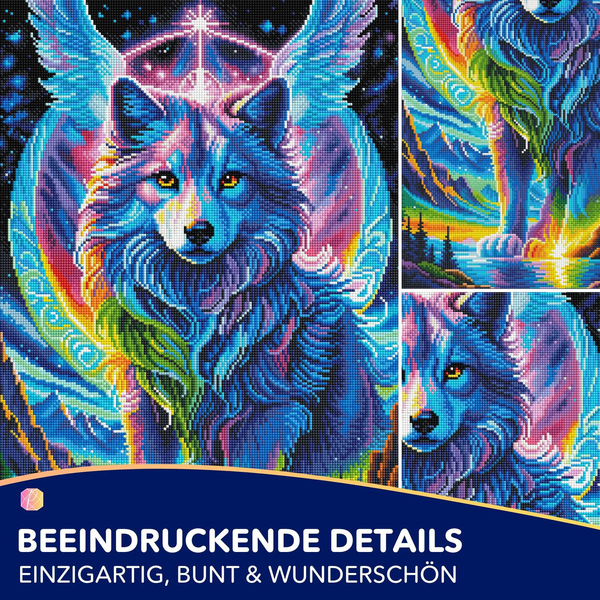 Diamond Painting Set mit buntem Fantasy-Wolf mit Flügeln in leuchtenden Farben und detaillierter Glitzerstein-Optik