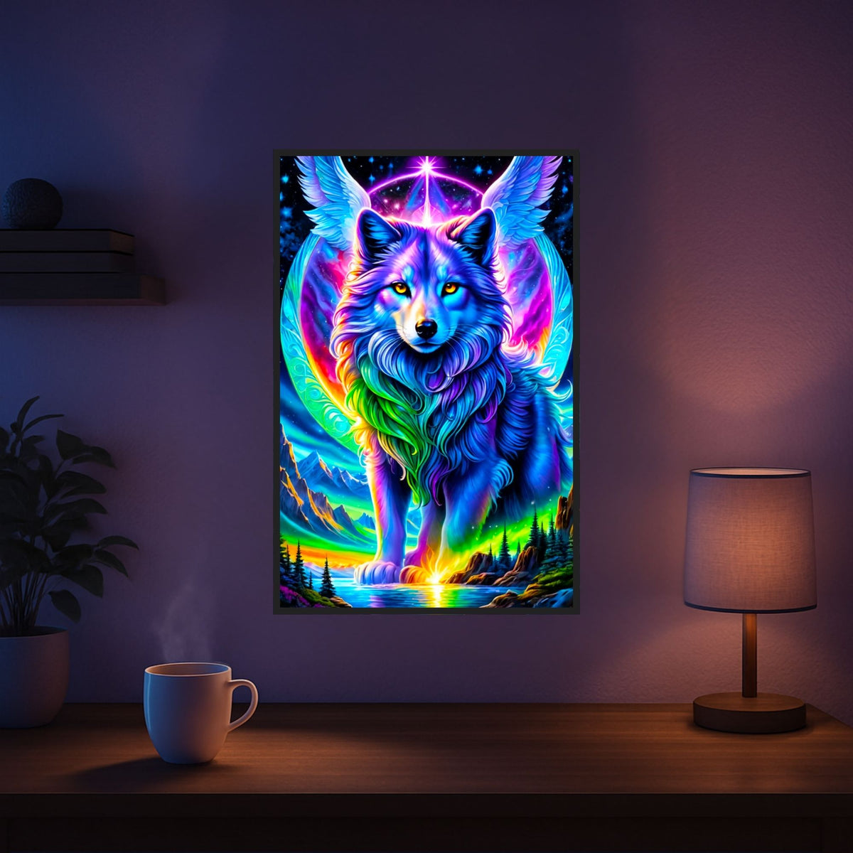 Diamond Painting Set Geflügelter Wächter: Bunter Wolf mit Engelsflügeln in einer magischen Fantasy-Landschaft.