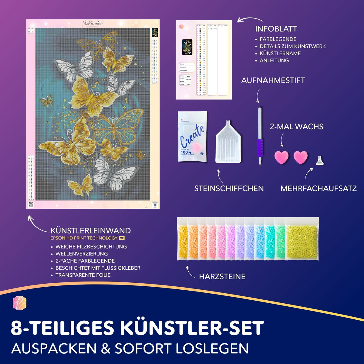 Diamond Painting Set Goldene Schmetterlinge mit Leinwand, Strasssteinen und Zubehör für DIY Kunstprojekte