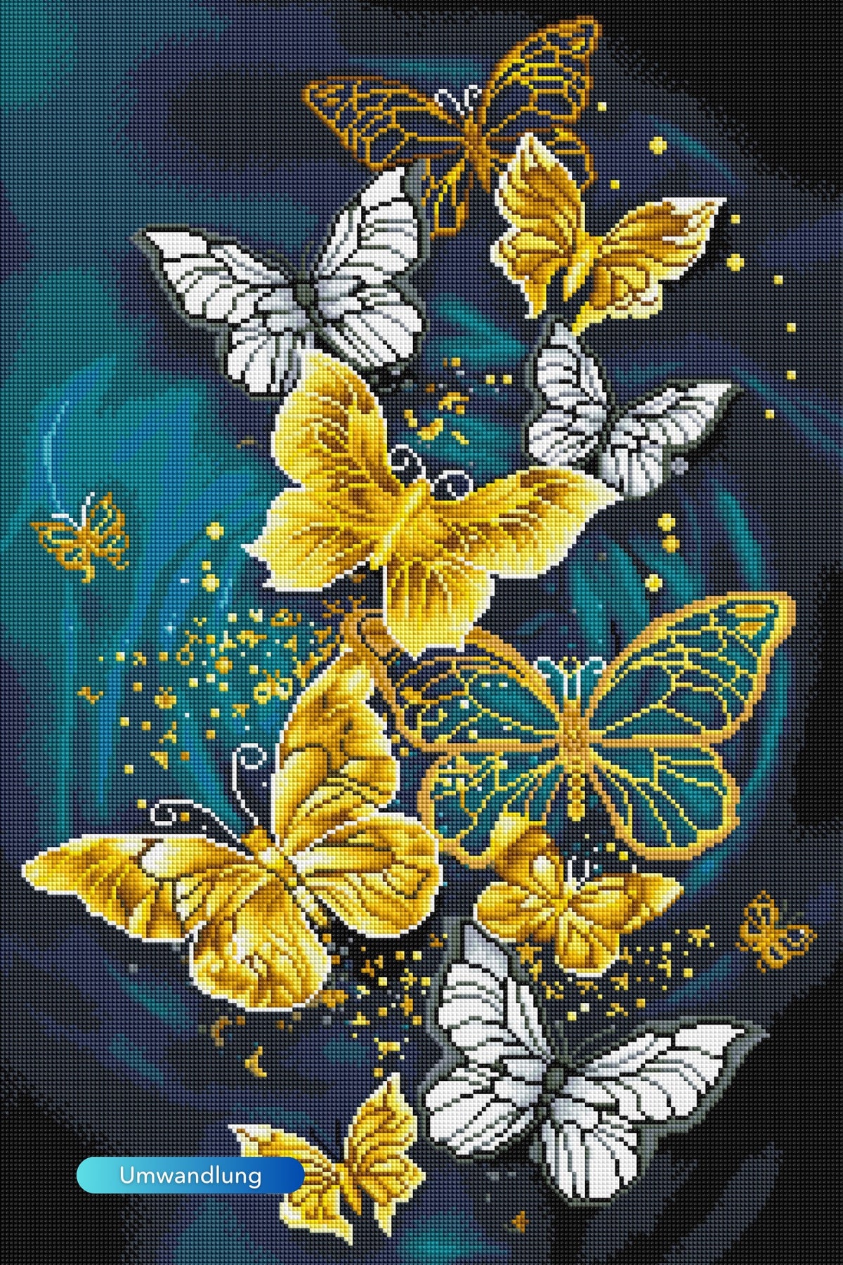 Diamond Painting Set Goldene Schmetterlinge mit eckigen Steinen auf dunklem, blau-grünem Hintergrund