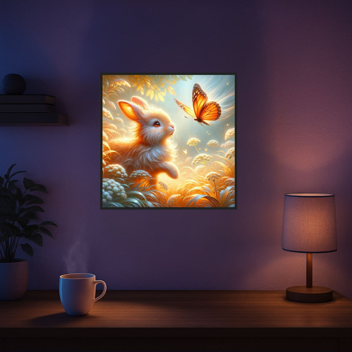 Diamond Painting Set Häschenfreunde mit niedlichem Hasen und Schmetterling in einer fantasievollen Blumenlandschaft