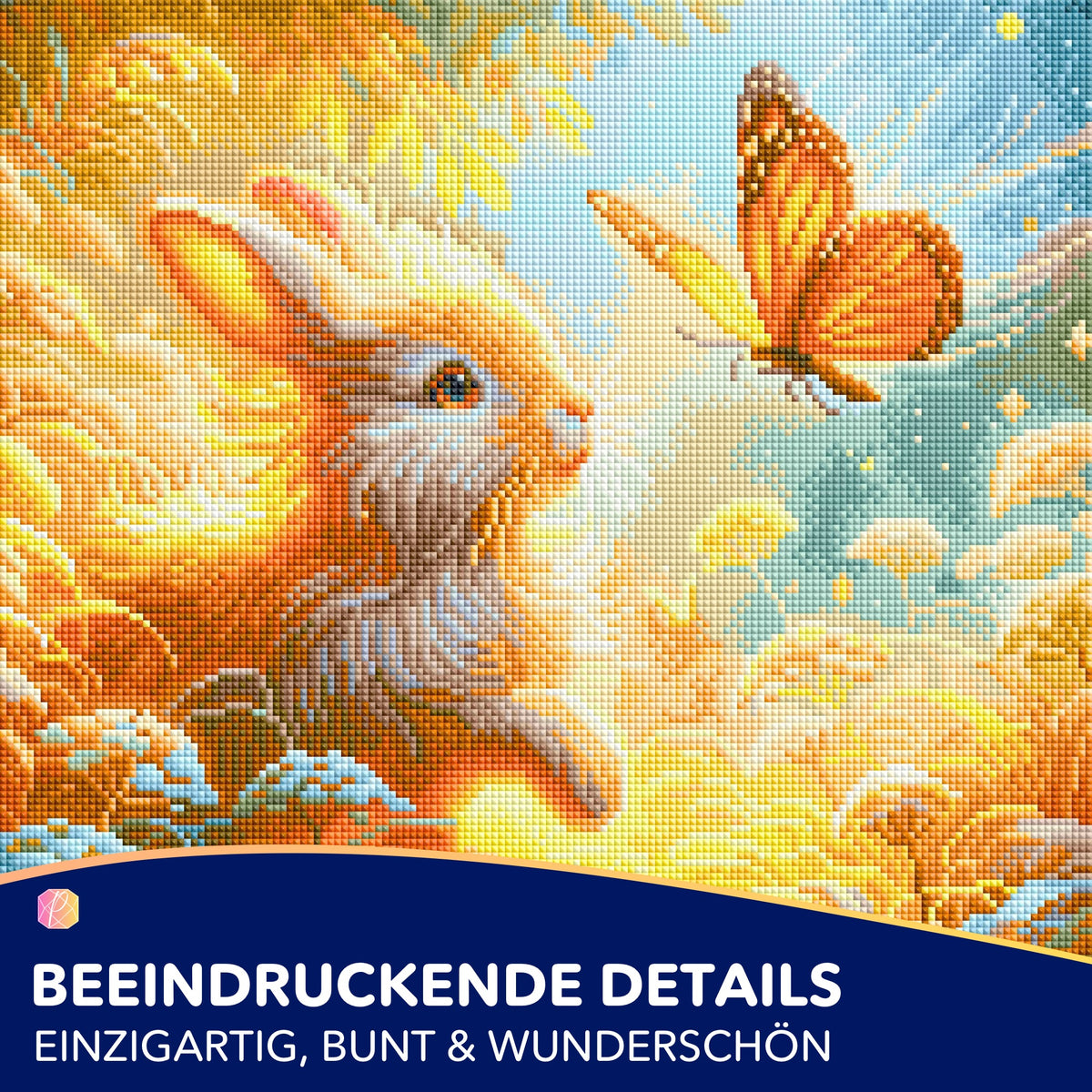 Diamond Painting Set Häschenfreunde mit niedlichem Hasen und Schmetterling, detailreiche Steinchen in leuchtenden Farben