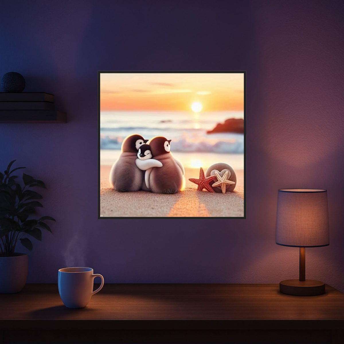 Diamond Painting Set Pinguin Familie am Strand im Sonnenuntergang mit Glitzersteinen