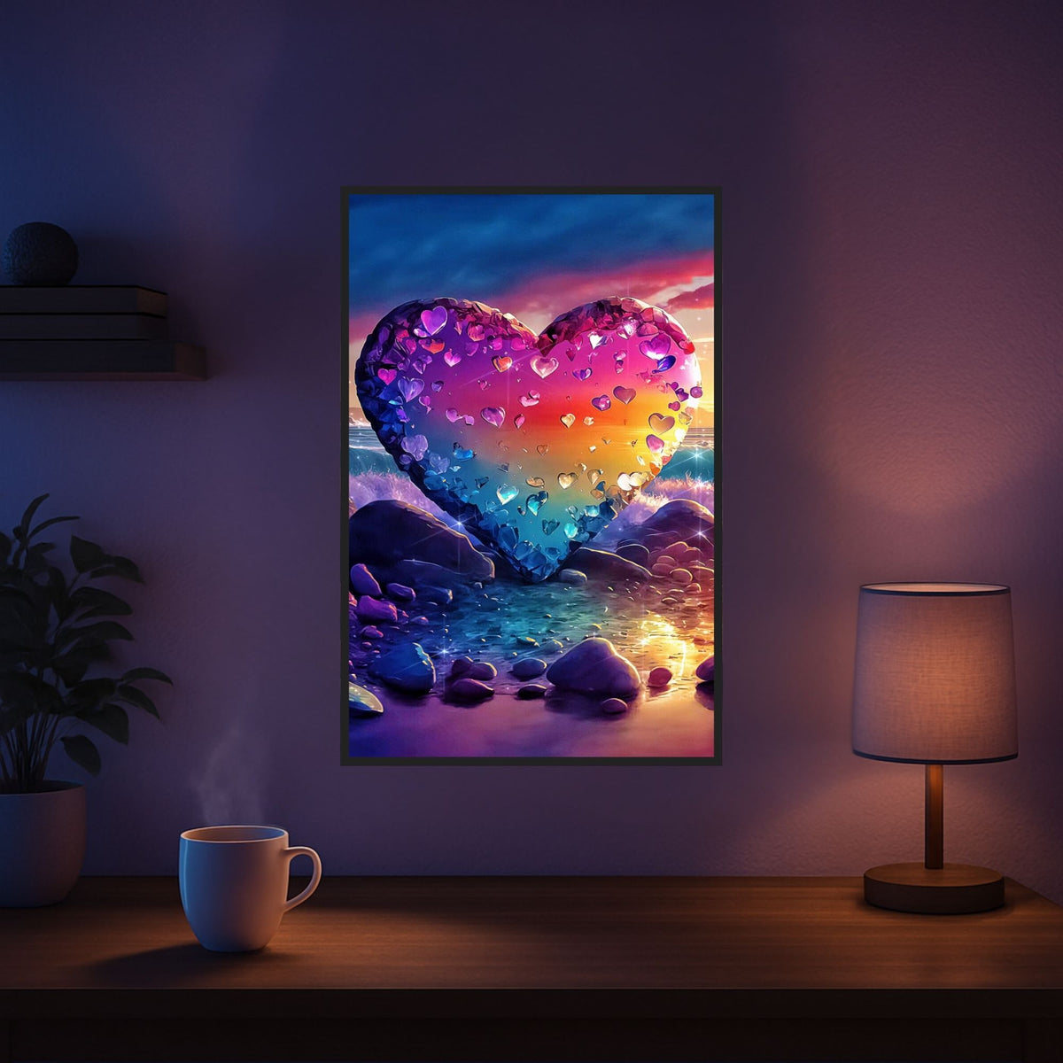 Diamond Painting Set Herz Motiv mit 100 Farben, glitzernden Steinen und leuchtender Fantasy-Strandlandschaft gerahmt.