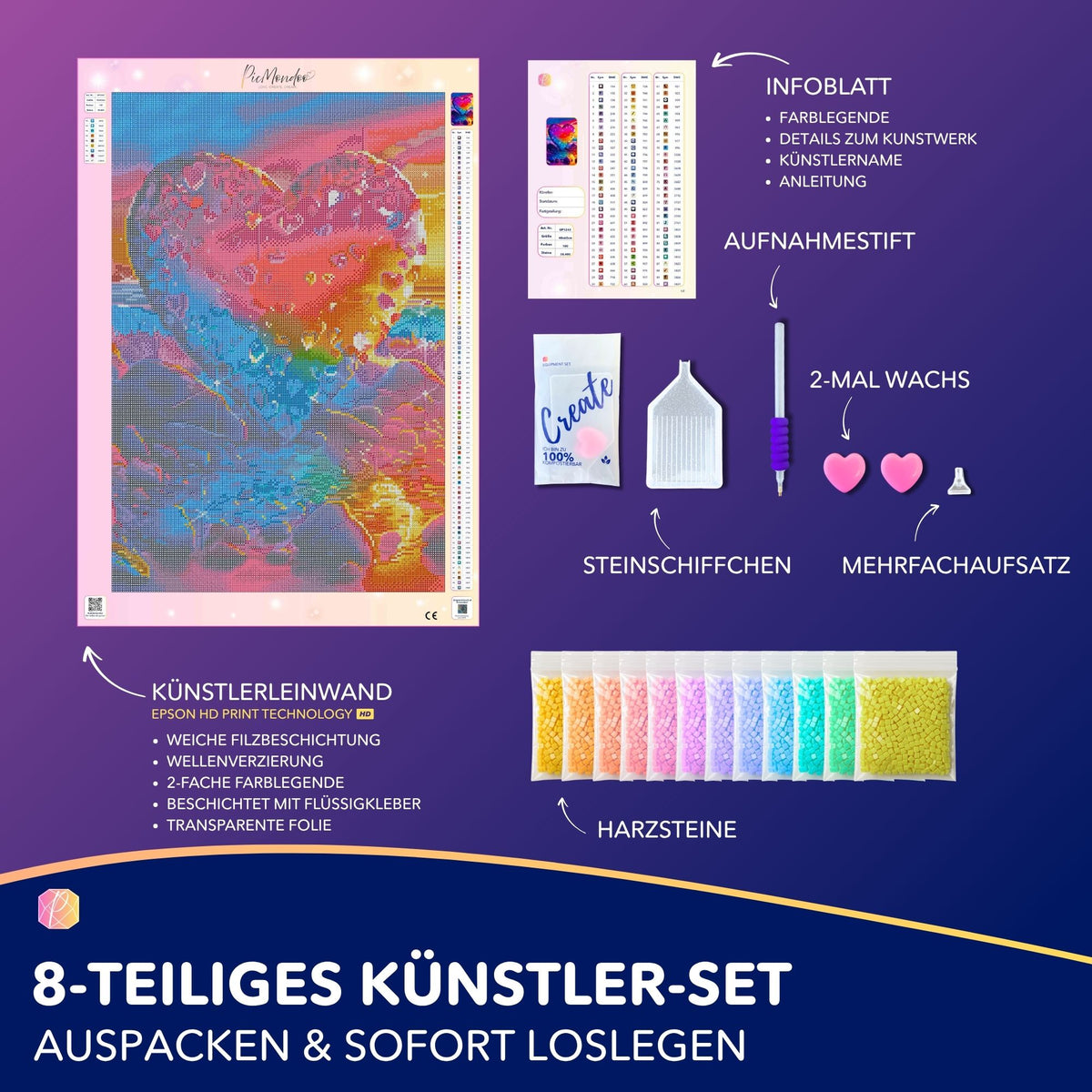 Diamond Painting Set Heart of Glitter mit 100 Farben, Leinwand und Zubehör für kreatives DIY-Basteln