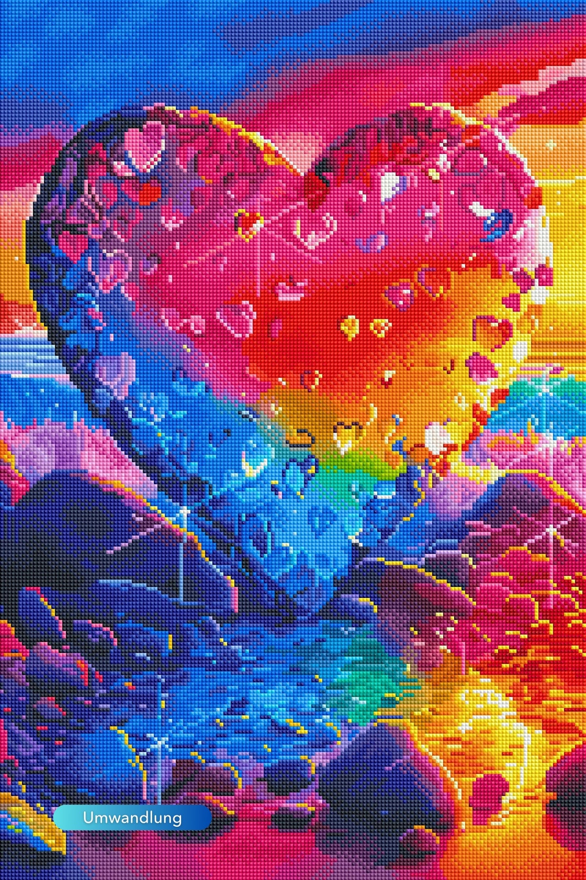 Buntes Diamond Painting Set mit glitzerndem Herz-Motiv, Fantasy-Landschaft und 100 leuchtenden Farben