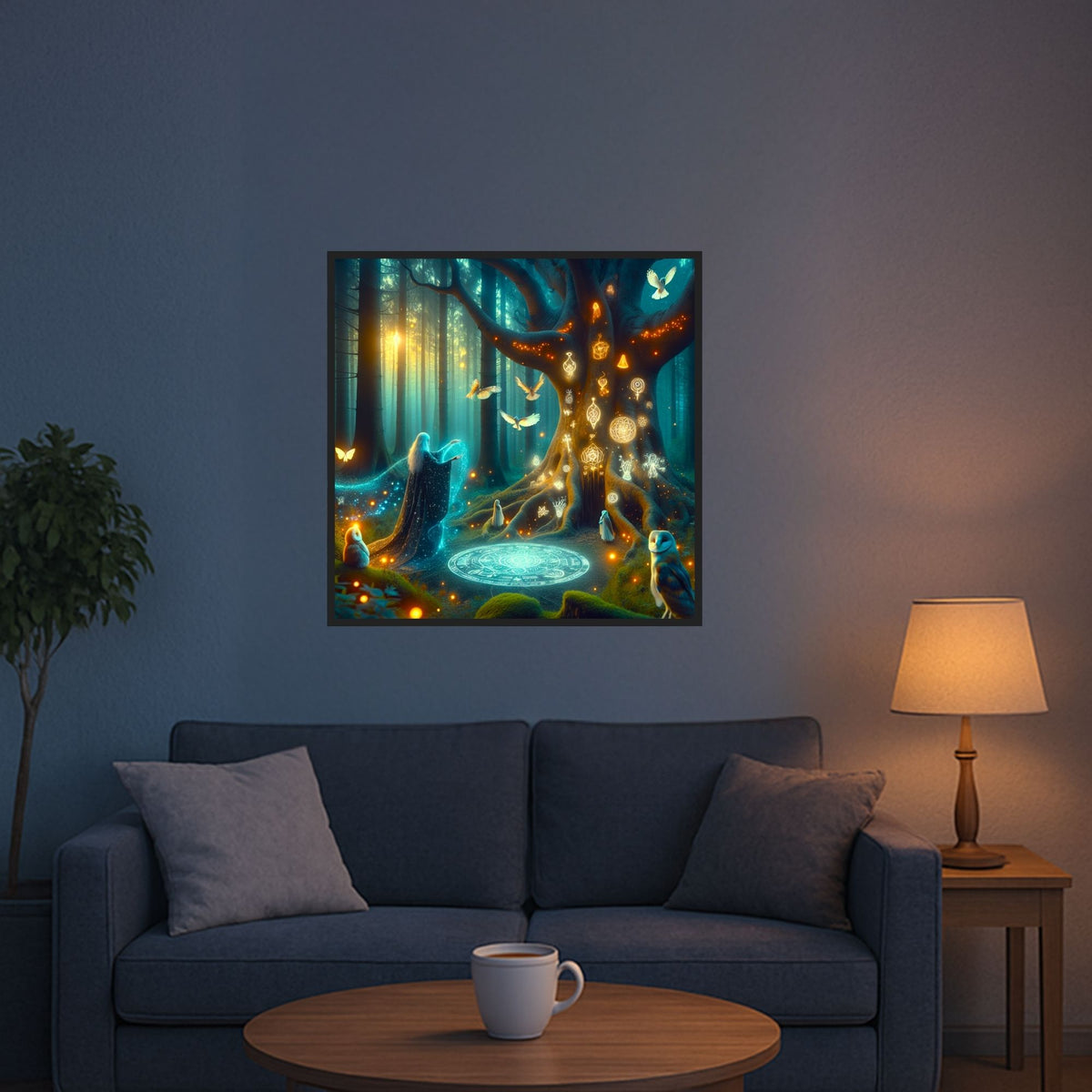Diamond Painting Hexennacht mit Hexe, Eule und magischem Wald als detailreiches DIY-Set im Wohnzimmer