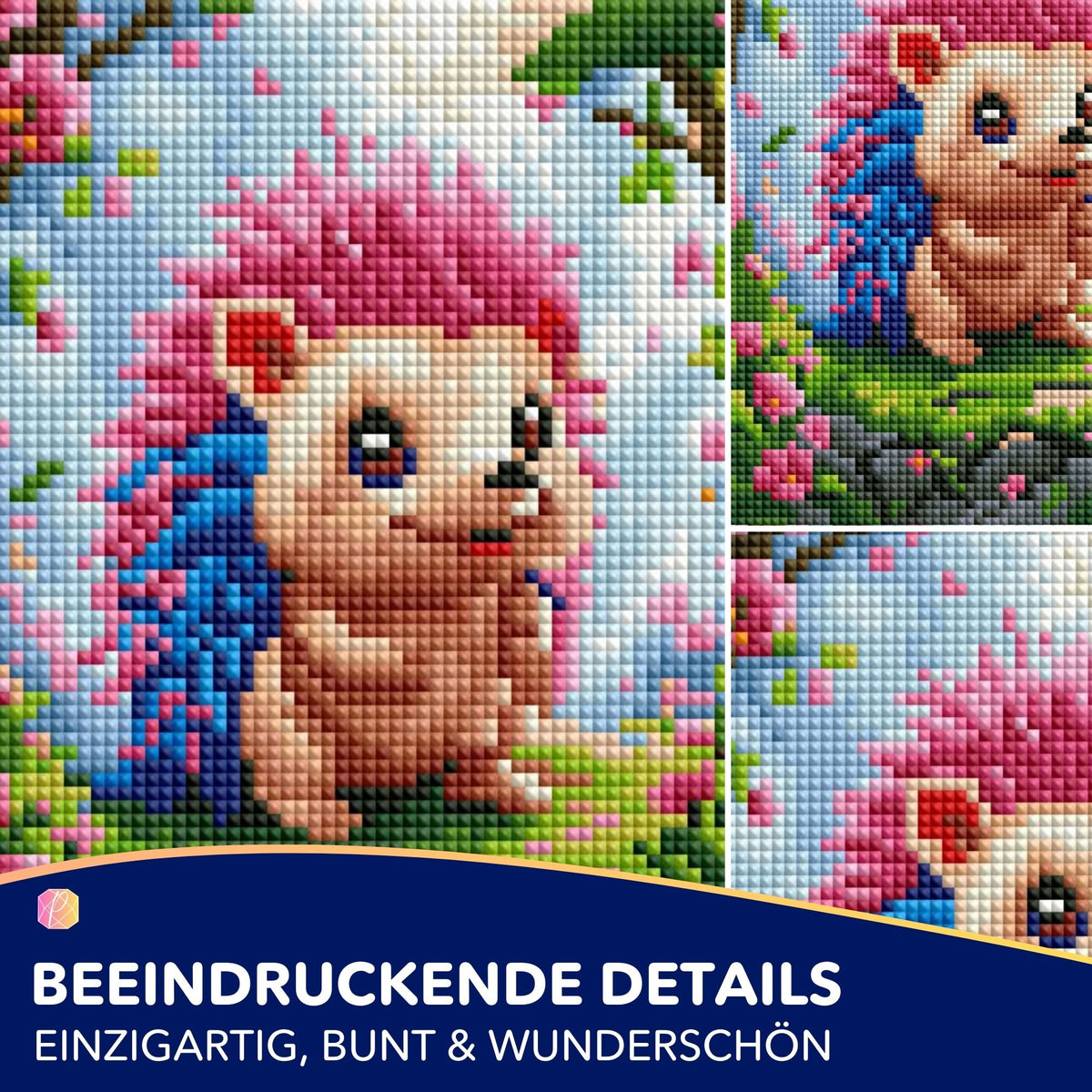 Diamond Painting Set Igel Ilay mit bunten Glitzersteinen, zeigt süßen Igel in Blumenwiese als DIY-Kunstwerk