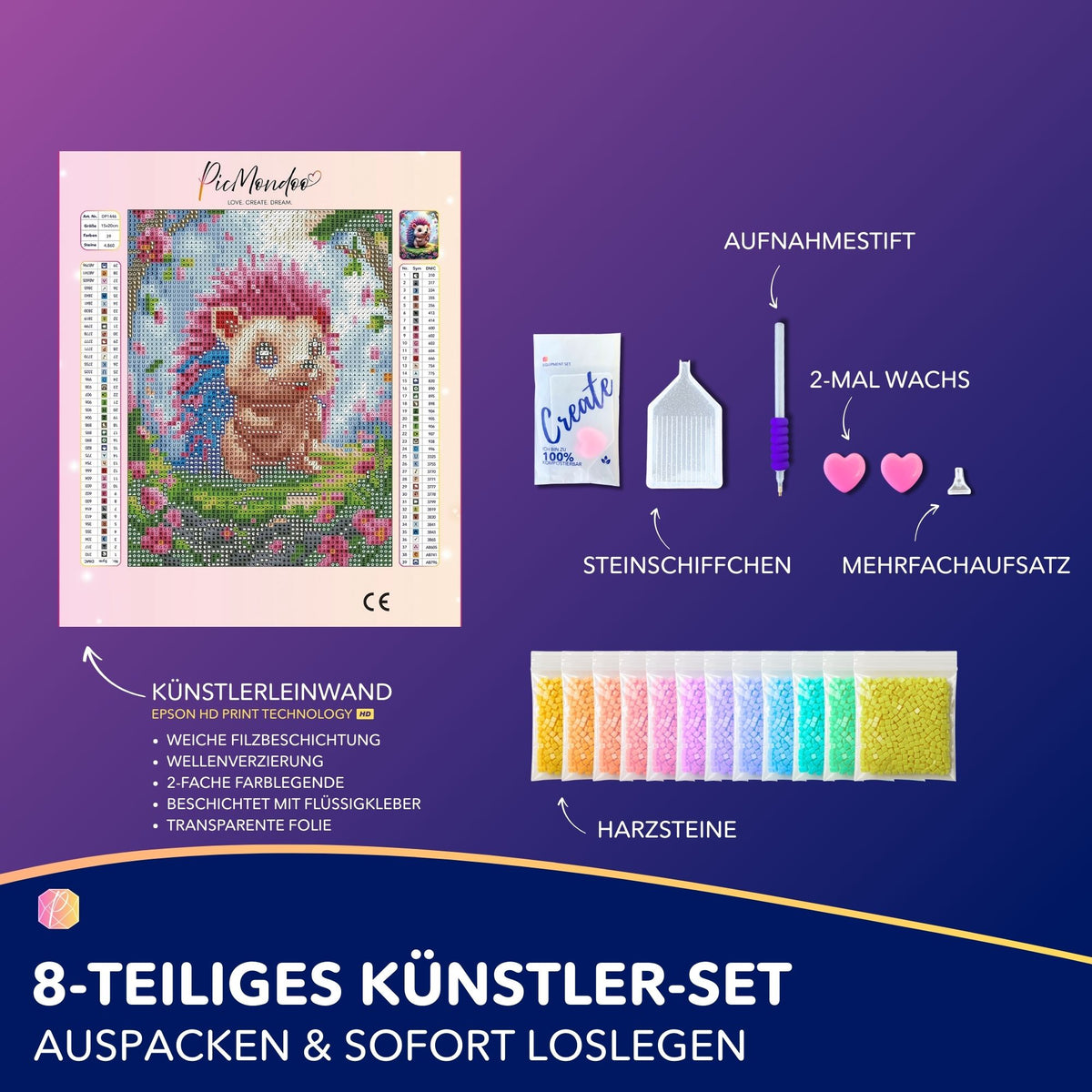 Diamond Painting Set Igel Ilay im 20x15cm Format mit Leinwand, bunten Harzsteinen und Zubehör für DIY-Bastelspaß.
