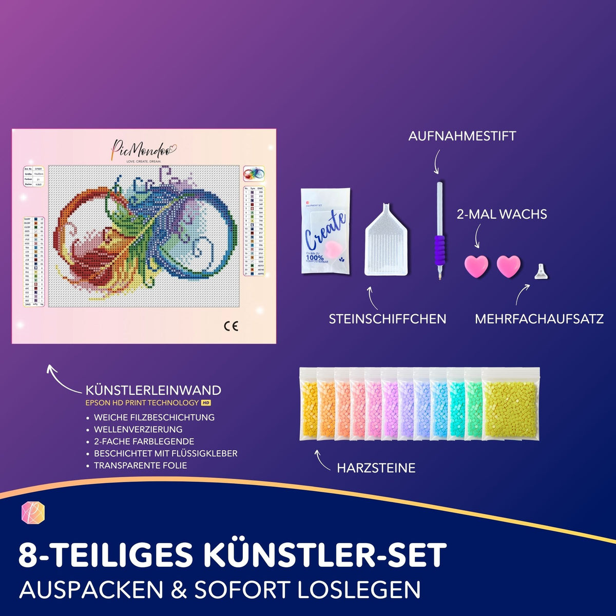 Diamond Painting Set Infinity Feather mit Leinwand, bunten Harzsteinen, Aufnahmestift und Zubehör für DIY-Kunstwerke.