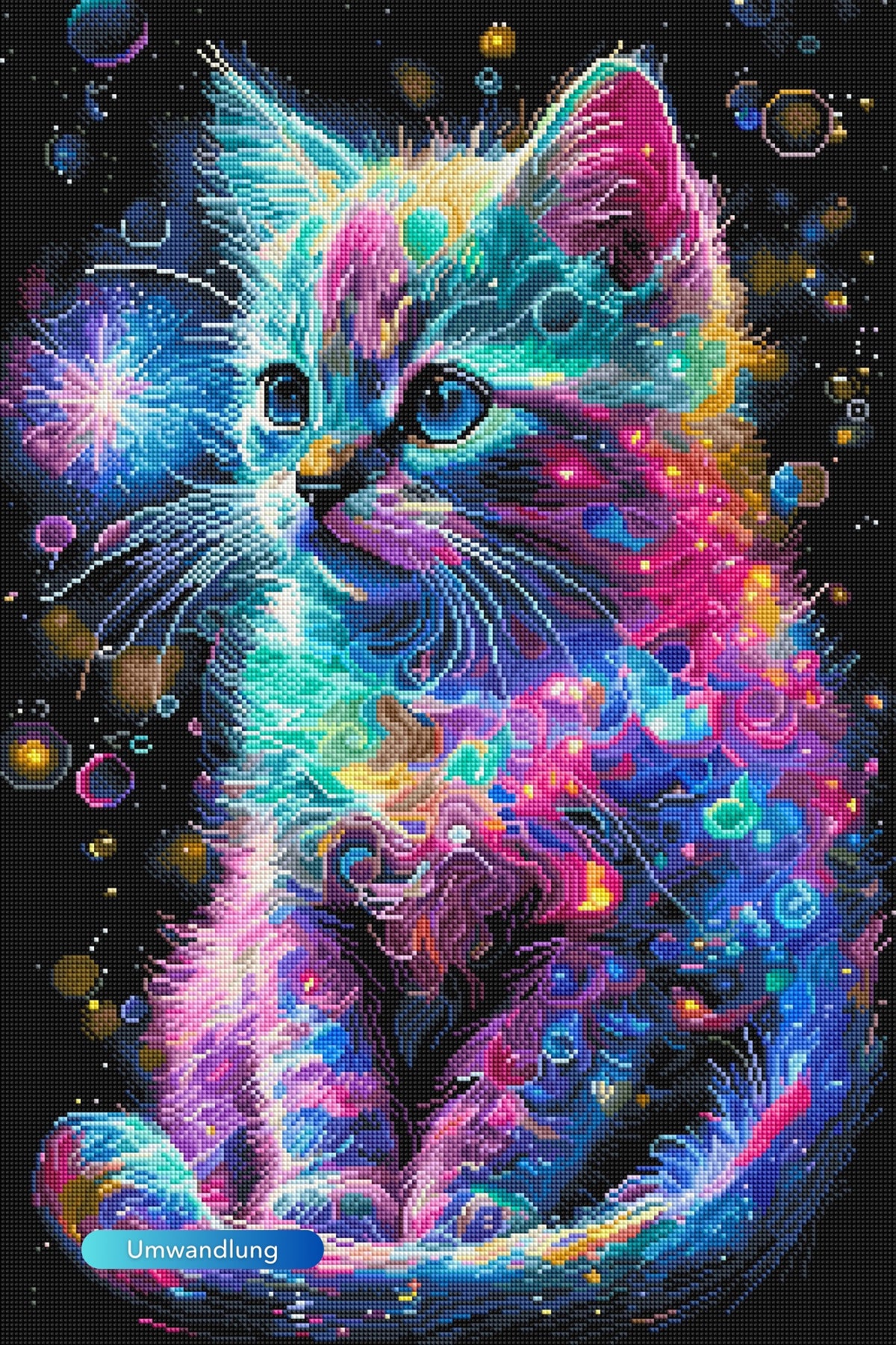 Buntes Diamond Painting Set Kätzchen mit 100 Farben, funkelndes Mosaik-Bild einer Katze im Fantasy-Design auf schwarzem Grund