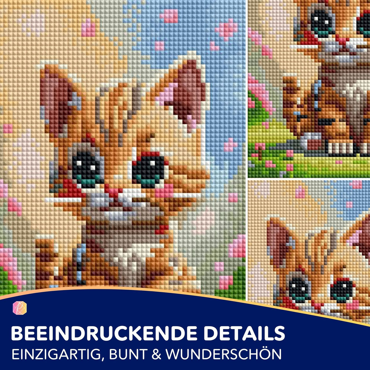 Diamond Painting Set Karlchen: Niedliches Kätzchen auf einer Blumenwiese in bunten Farben mit glitzernden Steinchen.