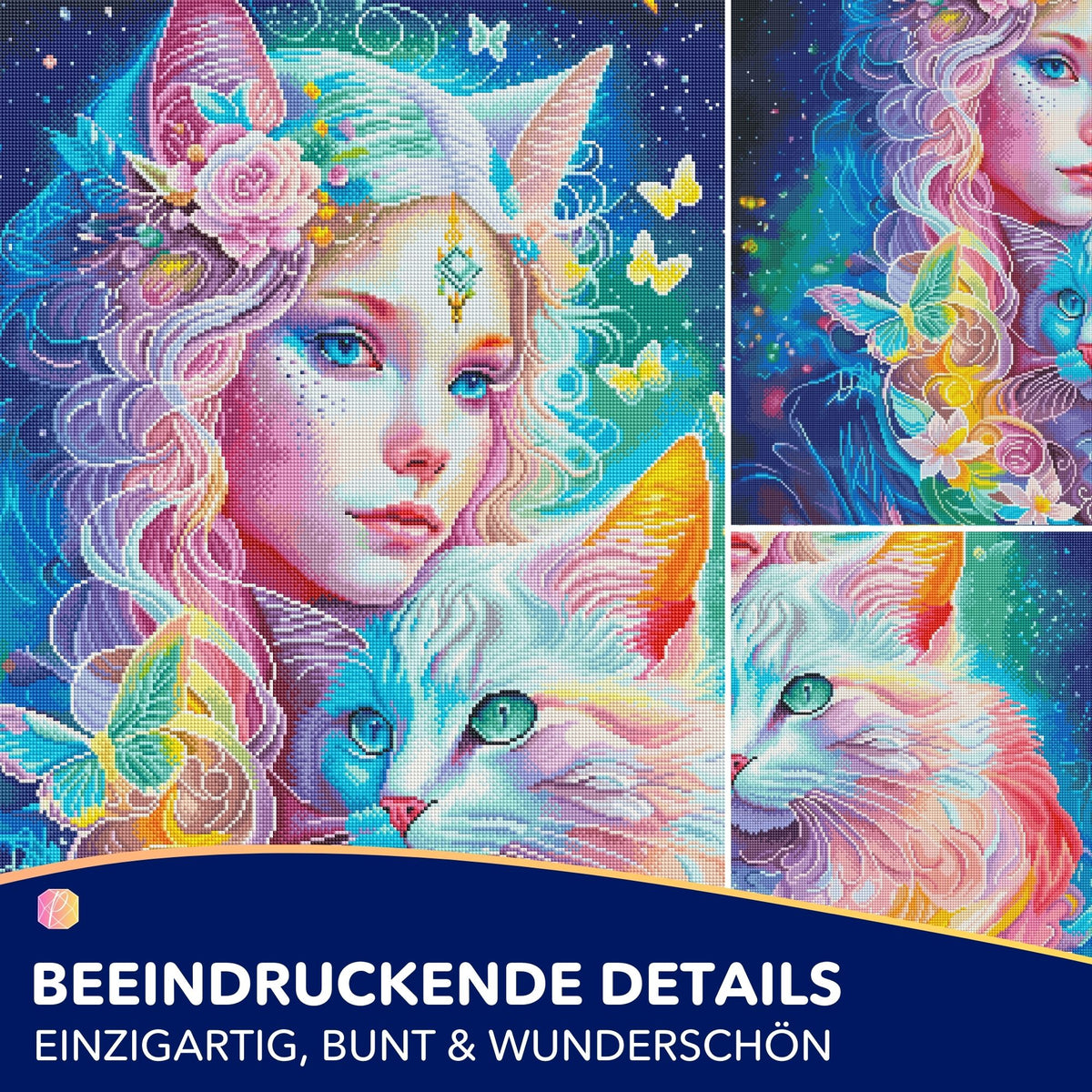 Detailreiches Diamond Painting Set Katzenelfe mit bunten Glitzersteinen, Fantasy-Motiv einer Elfe und Katze