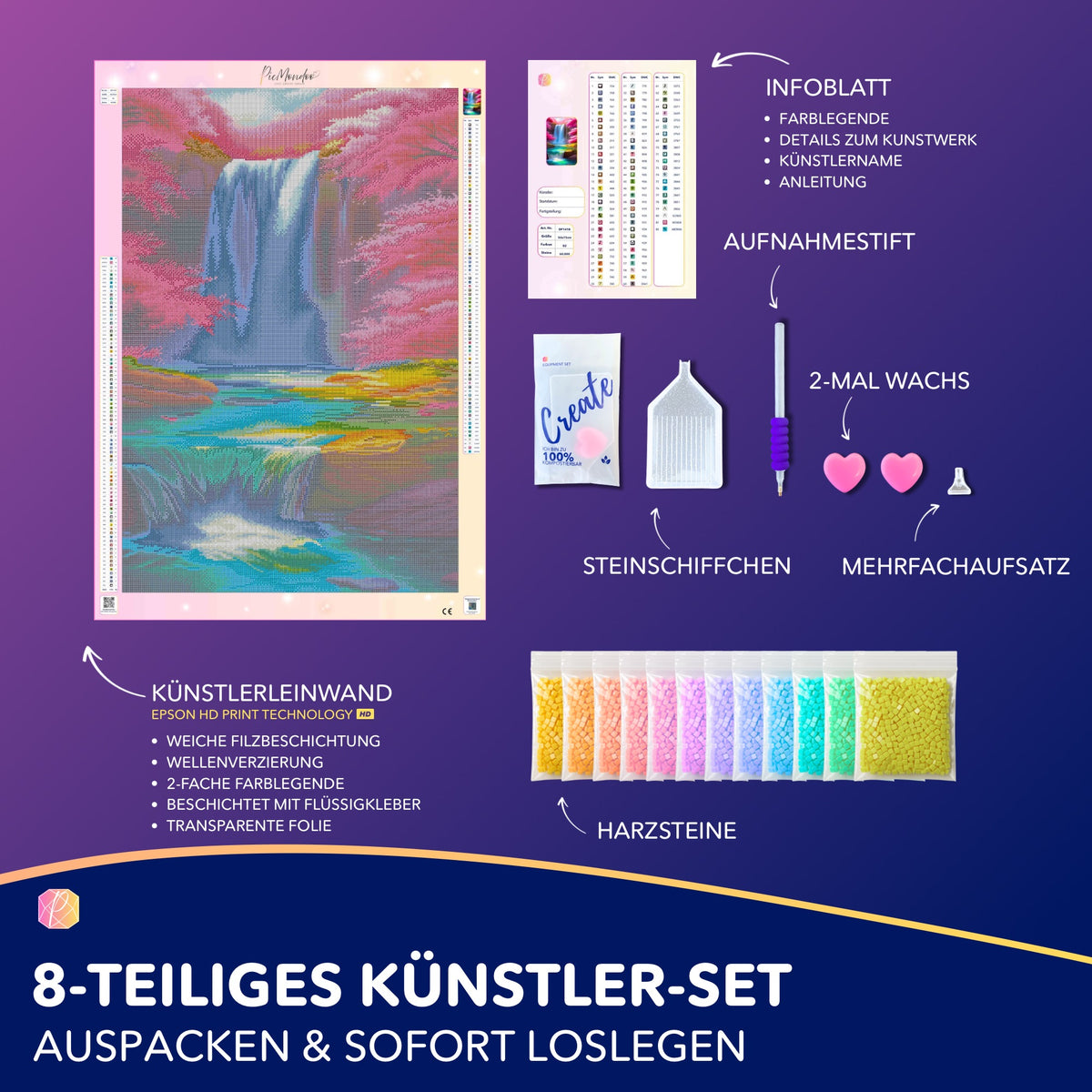 Diamond Painting Set Kirschblüten am Wasserfall mit Leinwand, bunten Harzsteinen und Zubehör für DIY-Kunstwerke.