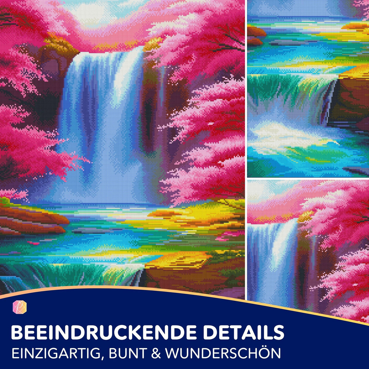 Diamond Painting Set mit Kirschblüten, Wasserfall und bunter Landschaft für detailreiche Hobby-Kunstwerke