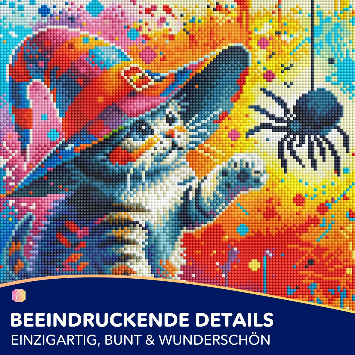 Buntes Diamond Painting Set Zauberkatze mit Hexenhut und Spinne aus glitzernden Steinen auf Leinwand