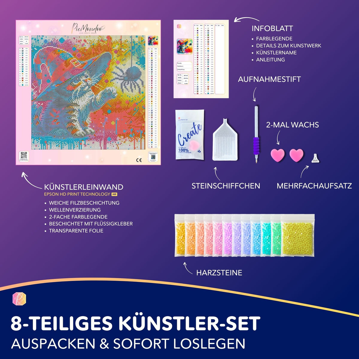 Diamond Painting Set Kitty Cat mit Leinwand, bunten Harzsteinen und Zubehör für das Basteln von magischen Katzenbildern