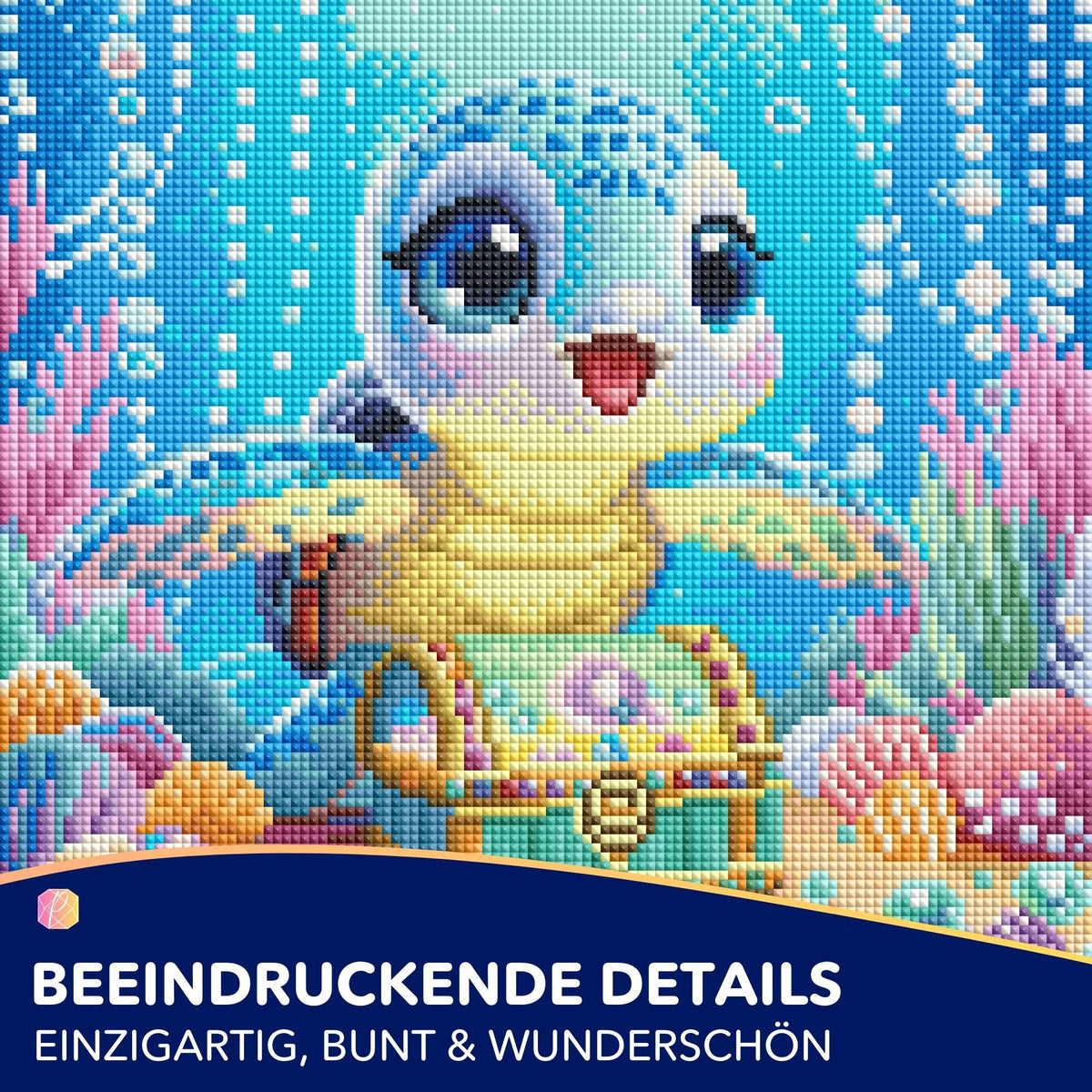 Diamond Painting Set Kleine Schildkröte als Schatzwächter in bunter Unterwasserwelt mit glitzernden Strasssteinen.