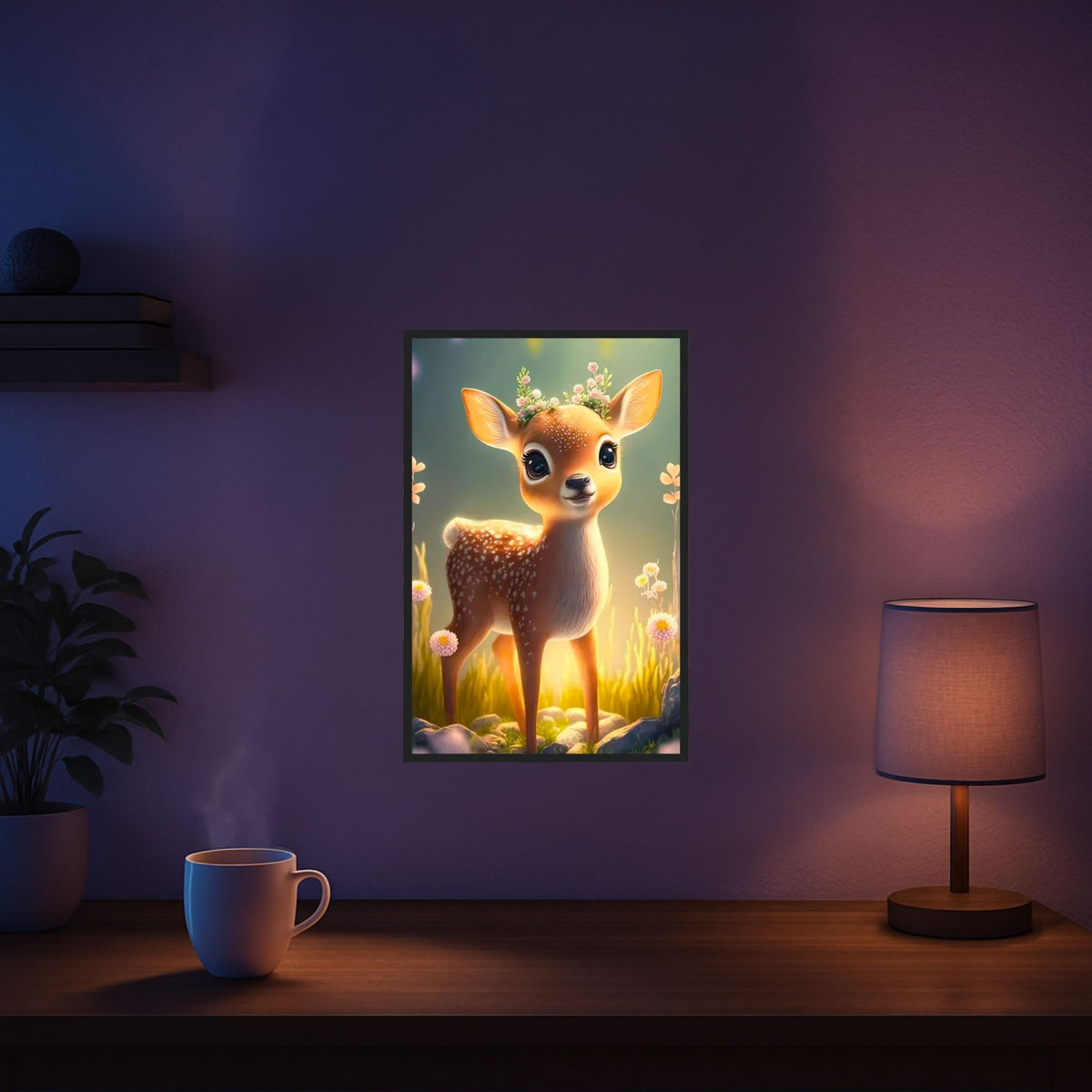 Fertiges Diamond Painting Set Rehkitz Anabell mit glitzernden Steinen als Wandbild in einem gemütlichen Raum.