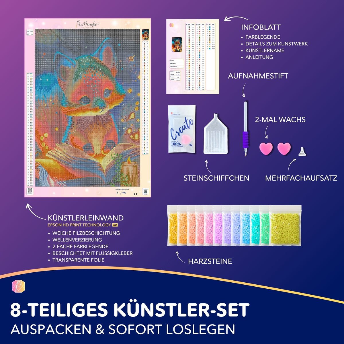 Diamond Painting Set Lesestunde mit süßem Fuchs-Motiv, inkl. Leinwand, Glitzersteinen und Bastelzubehör für Erwachsene