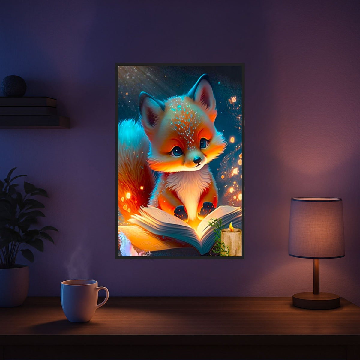 Diamond Painting Set eines süßen Fuchses beim Lesen in einem magischen Wald, mit glitzernden AB-Steinen und leuchtenden Farben.