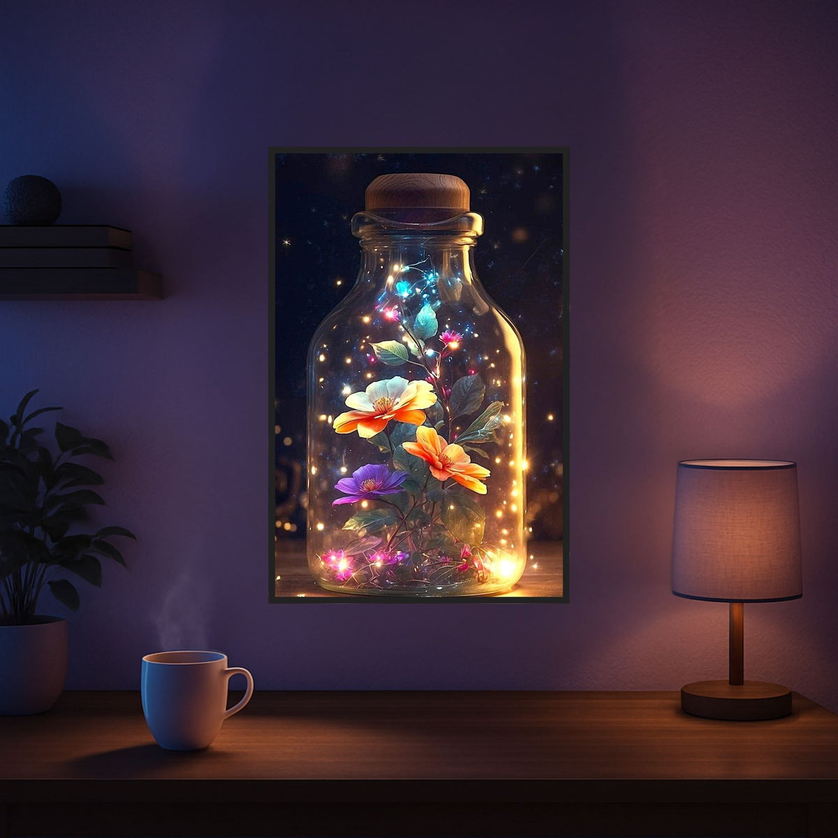 Diamond Painting Leuchtender Blütenzauber als Wandbild: Bunte Blumen in einer leuchtenden Flasche mit glitzernden Details