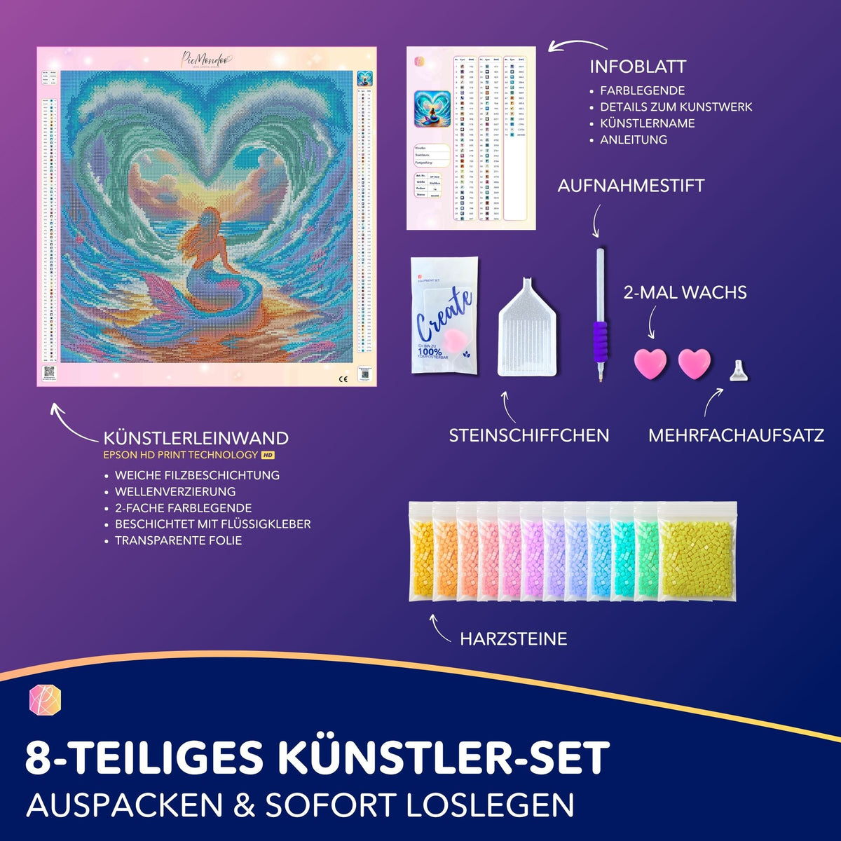 Diamond Painting Set Liebe der Meerjungfrau mit buntem Fantasy-Motiv, hochwertiger Leinwand, Harzsteinen und Zubehör.